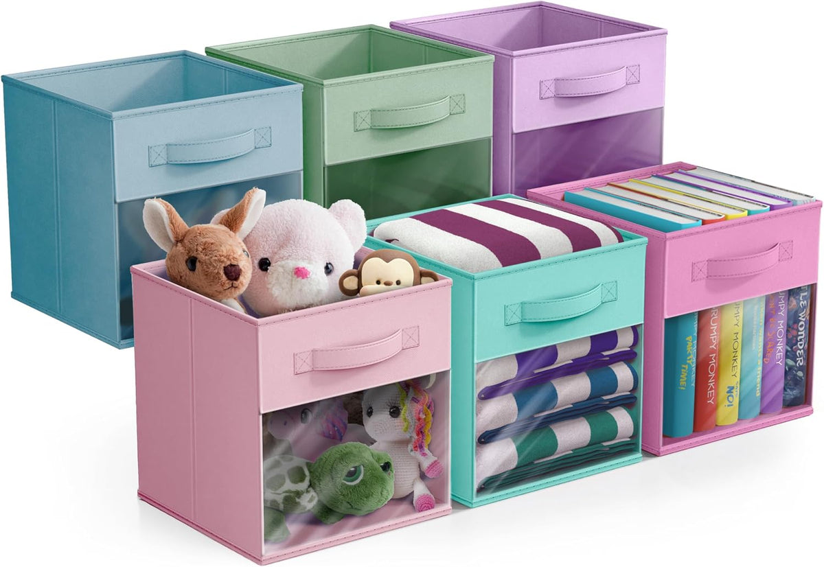 Sorbus Storage Bins with Clear Window, 6 Pack (11", Pastel Multi-Color 2)