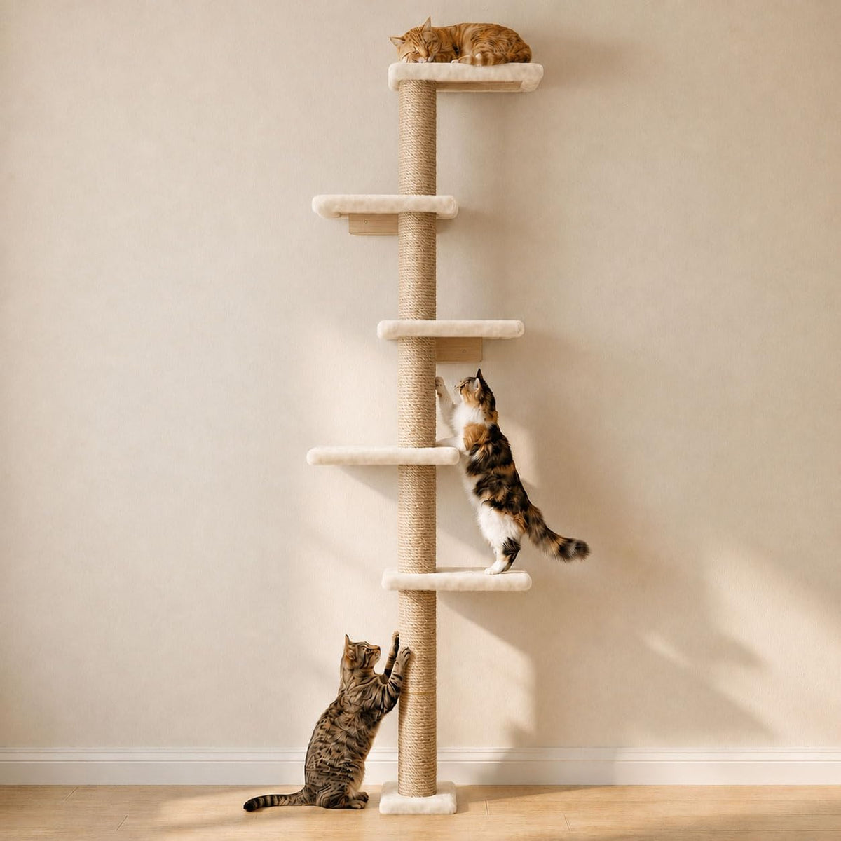 80-Inch Wall-Mounted Cat Tree with Scratching Post & 5 Perches, Beige