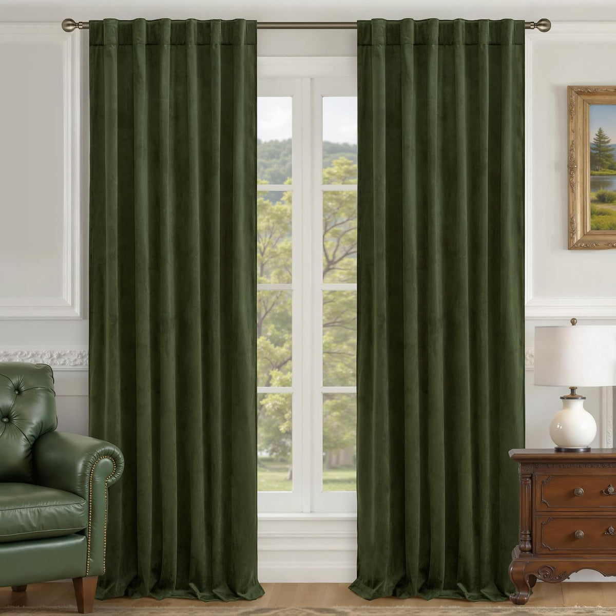 LAMIT Olive Green Velvet Curtains 84 Inch Length for Living Room, 2 Panels