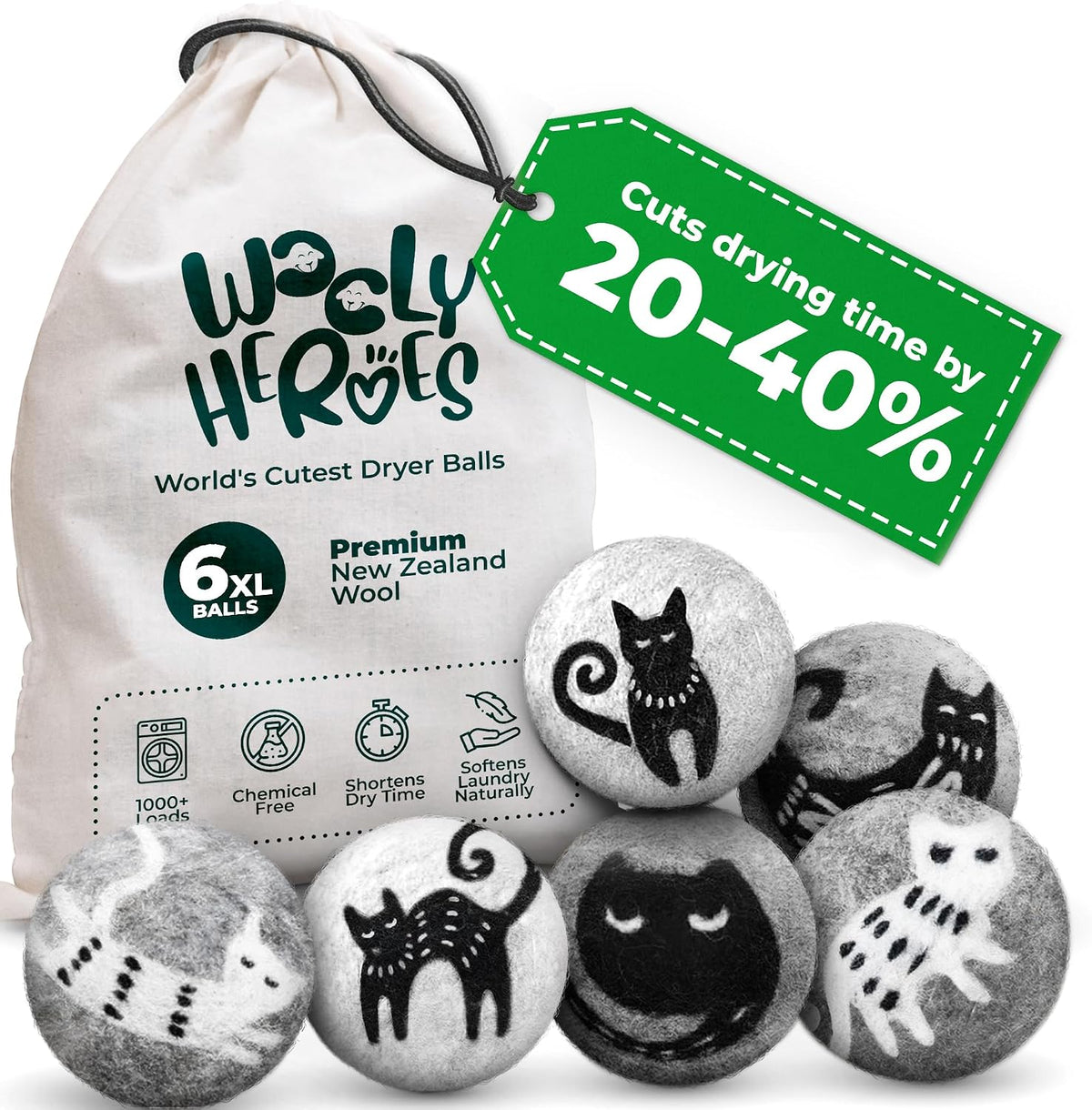 Chemical Free & Baby Safe! Reusable Wool Dryer Balls XL 6-Pack - Reduces Static, Cuts Dry Time, & Softens Naturally