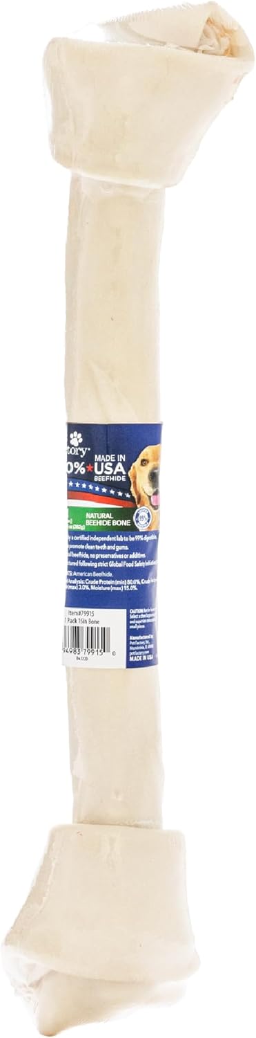 Pet Factory 100% Made in USA Beefhide 15-17" Knotted Bone Dog Chew Treat - Natural Flavor, 1 Count/1 Pack