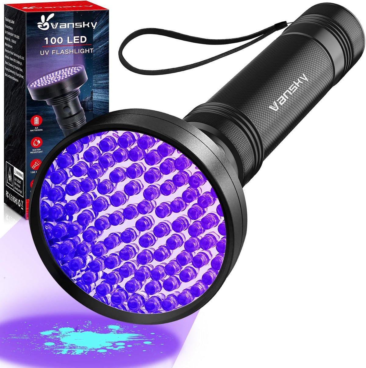 Vansky Black Light UV Flashlights, Ultra Bright 100 LED 395Nm Ultraviolet Blacklight Detector for Dog Cat Pet Urine, Dry Stains and Bed Bug, Matching with Pet Odor Eliminator