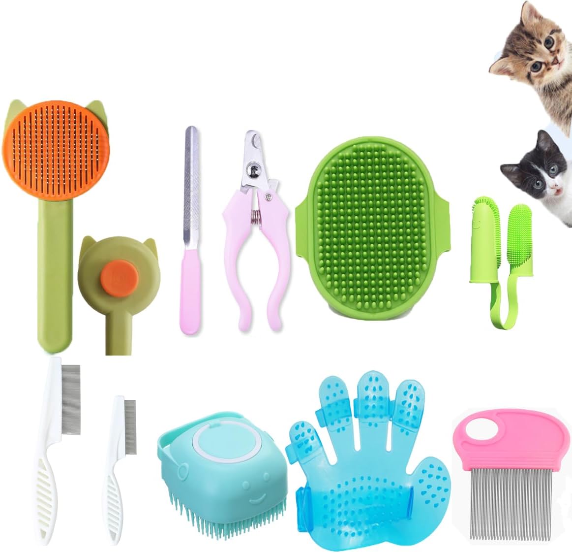 10PCS Cat & Dog Grooming Kit, Self-Cleaning Brush Removes Loose Hair, Pet Bath Brush, Massage Glove, Nail Clipper, Flea Comb