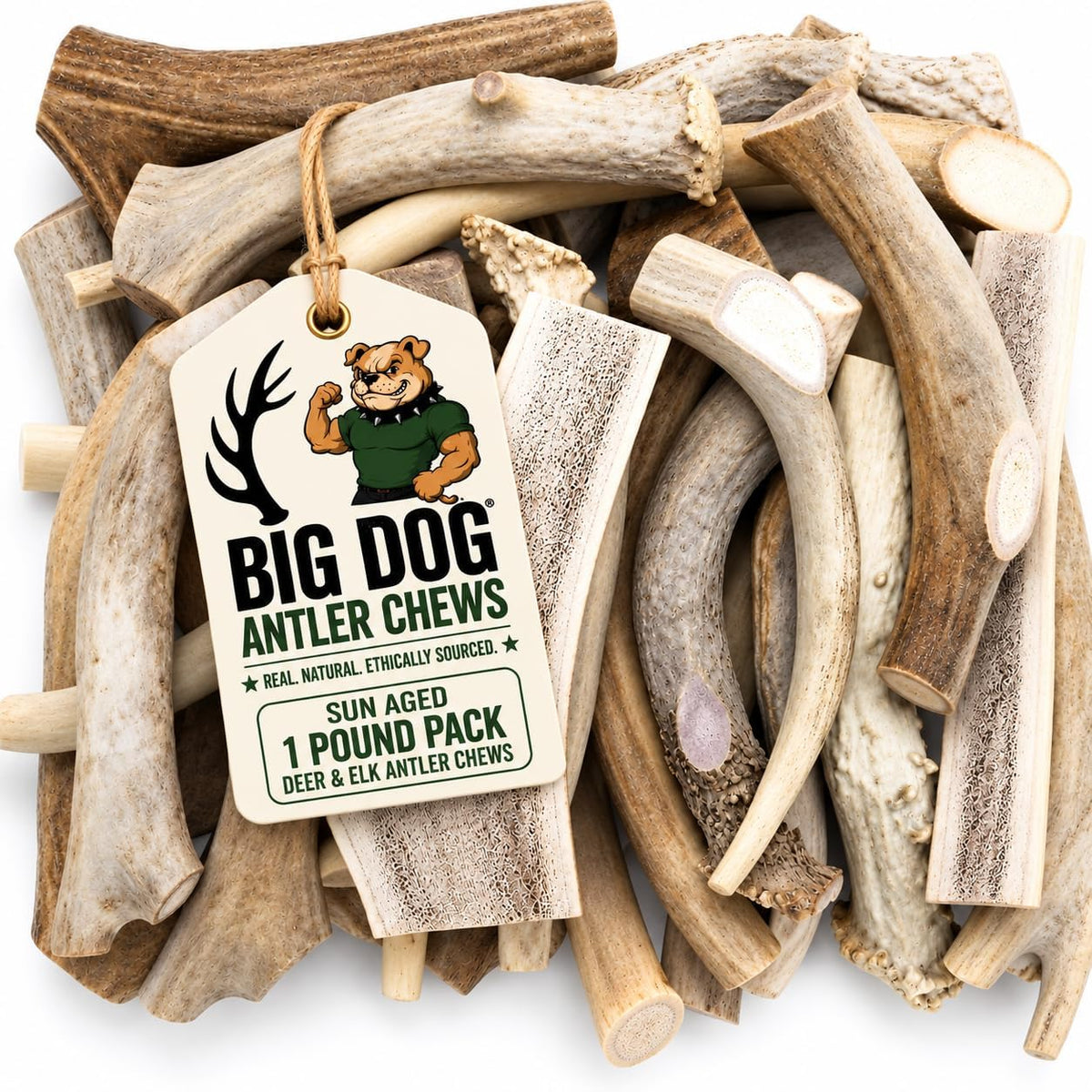 Big Dog Antler Chews - One Pound Pack of Sun-Aged Deer and Elk Antler Dog Bone Chews - Natural Healthy Long-Lasting Treat