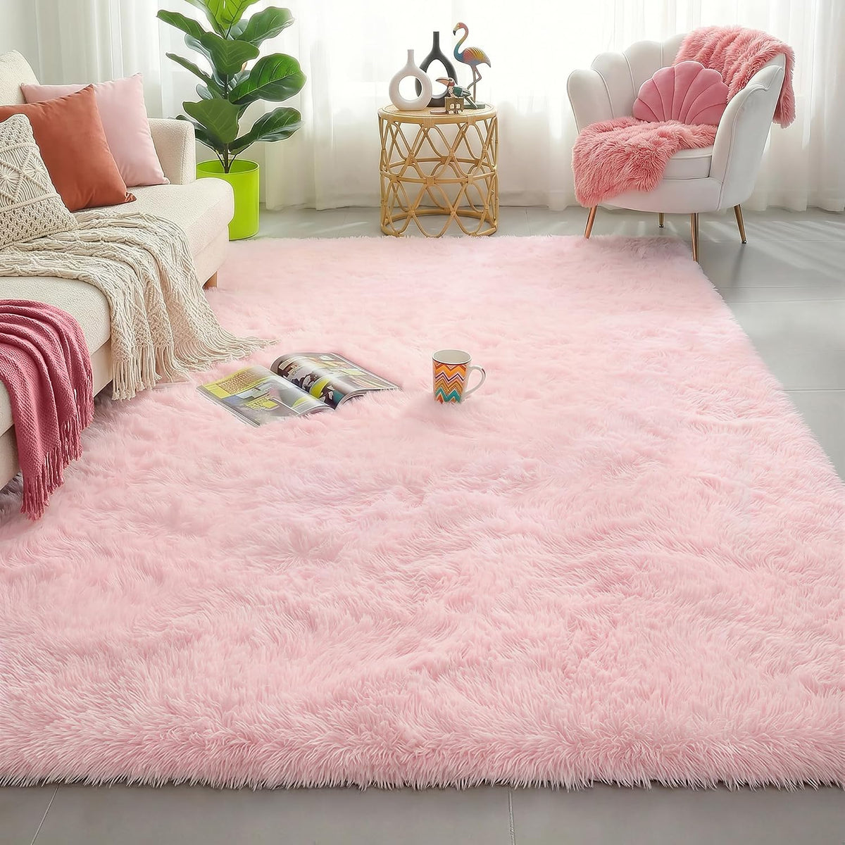 Amdrebio Light Pink Fluffy Fuzzy Area Rug 4X6 for Girls Bedroom Kids Room