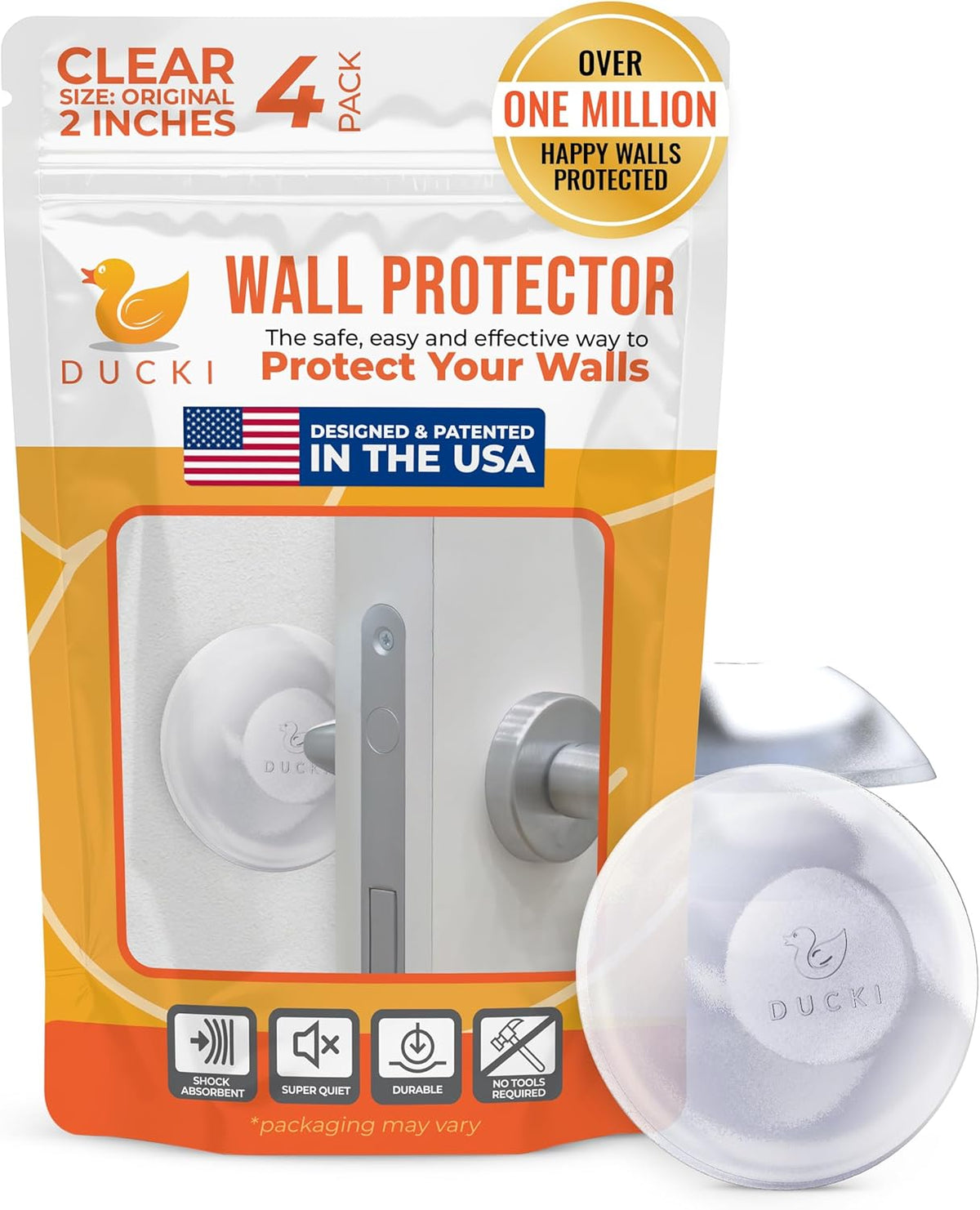 Ducki Door Knob Wall Protector, 2" Self Adhesive Door Stopper, 4 Pack Clear