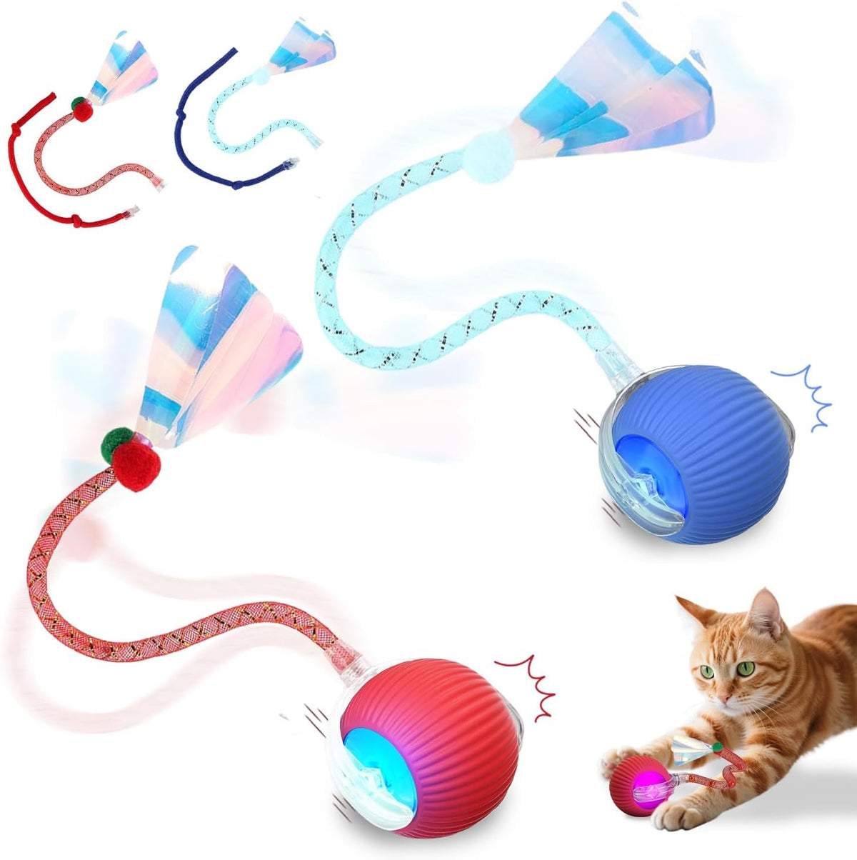 2PCS Interactive Cat Toys Smart Ball for Cats and Dogs, 360° Automatic Rolling Chase, 2 Rapid-Action Tails, Designed for Indoor Pet Exercise, Boredom Relief, and Fun Chase Play.(Red&Blue)