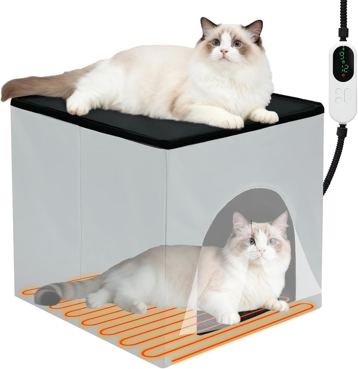 Heated Cat House for Indoor/Outdoor, Foldable Bed with Heating Pad