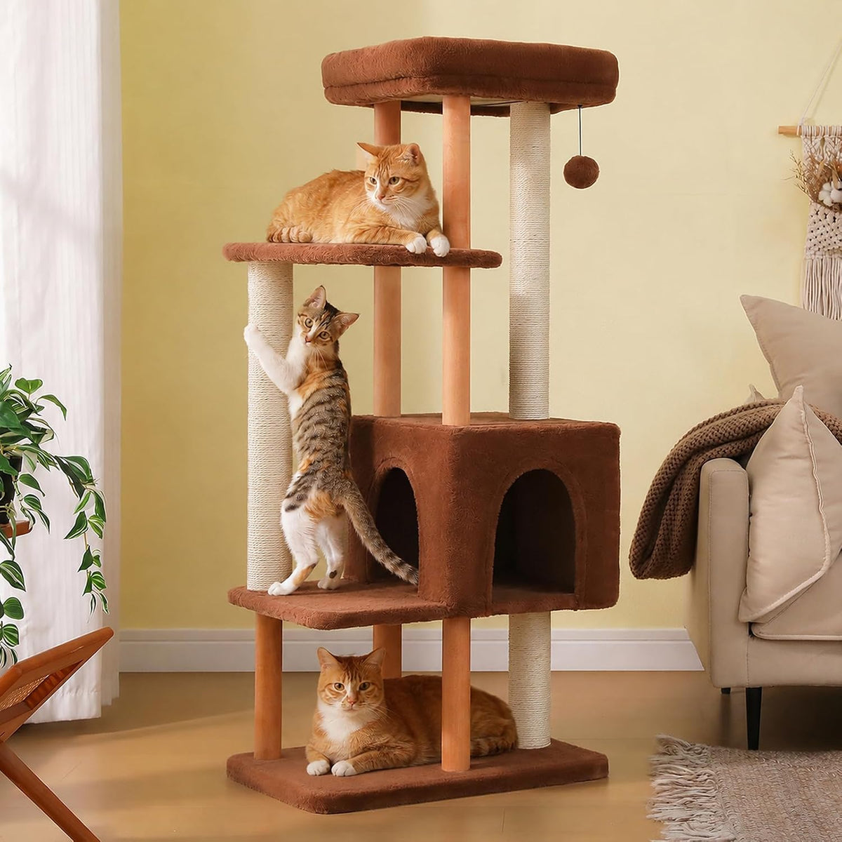 53" Modern Wooden Cat Tree for Large Cats with Solid Wood Posts