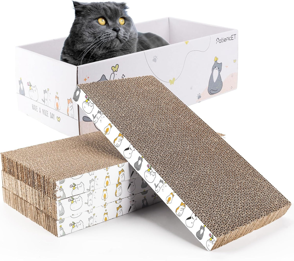 Patiencet Cat Scratch Pad with Box, 4 Pack Cardboard Scratcher Lounge Bed