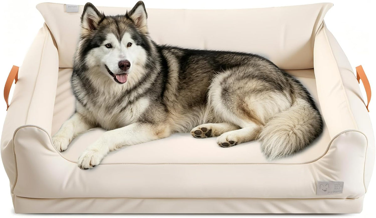 Leather Dog Bed for Large Dogs, Pet-Grade Waterproof Bolster Dog Sofa Bed