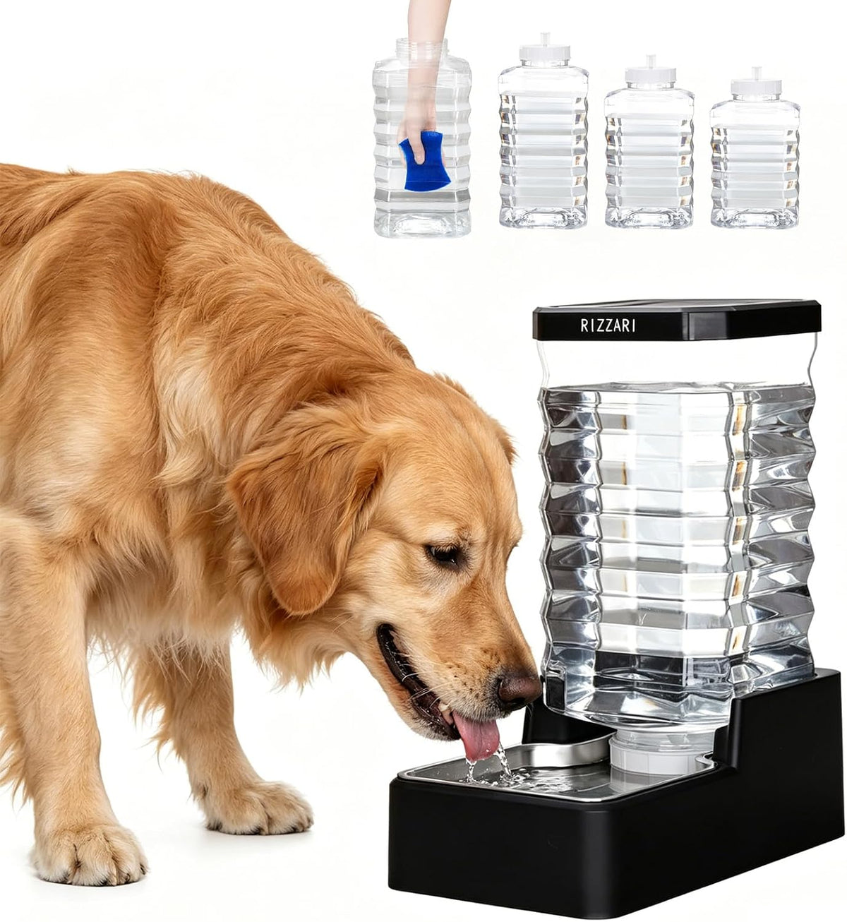 RIZZARI 2.64 Gallon Pet Water Dispenser: Filter-Free Wide Mouth Design