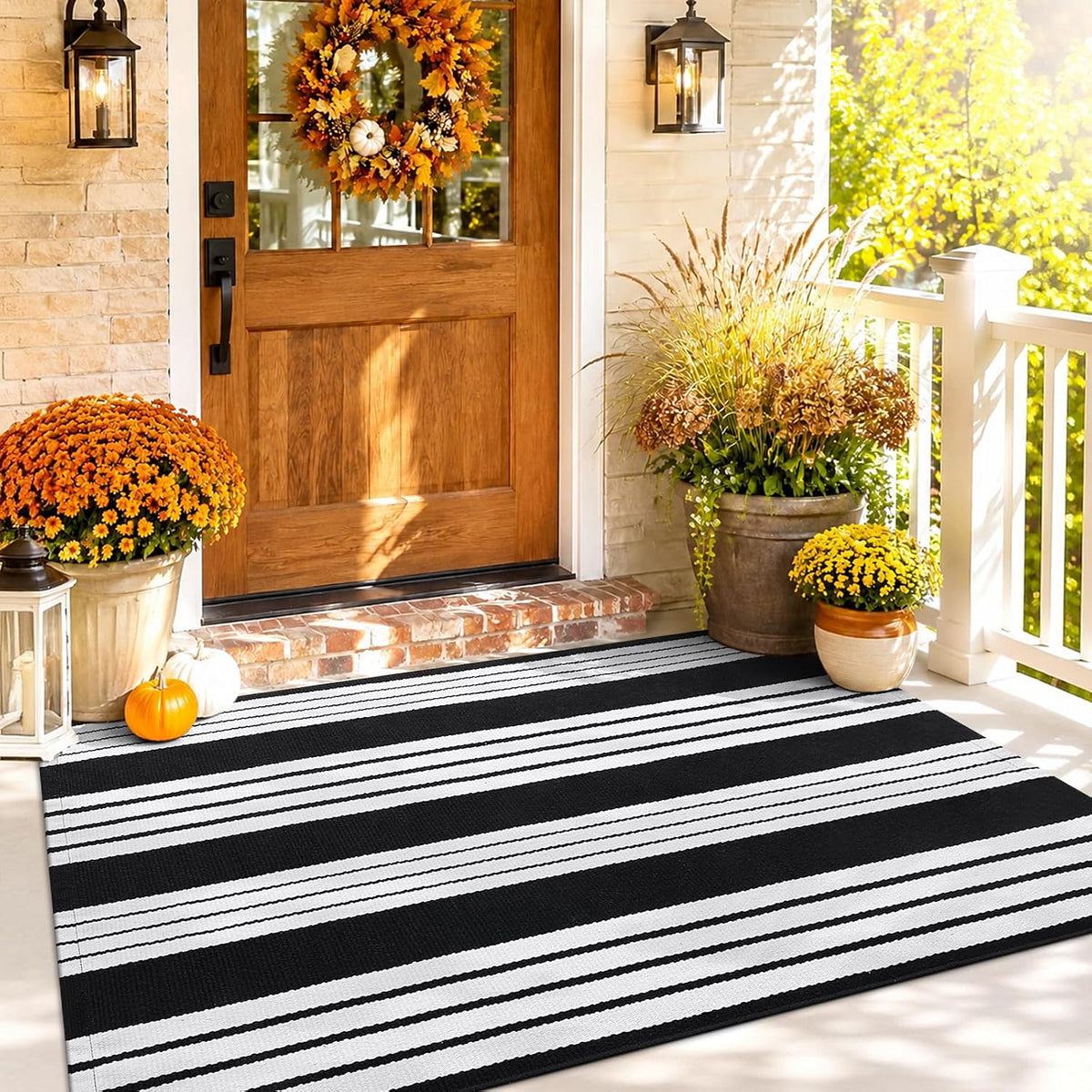 OLANLY Fall Door Mat, Black and White Striped Halloween Rug, 2'4" X 3'7"