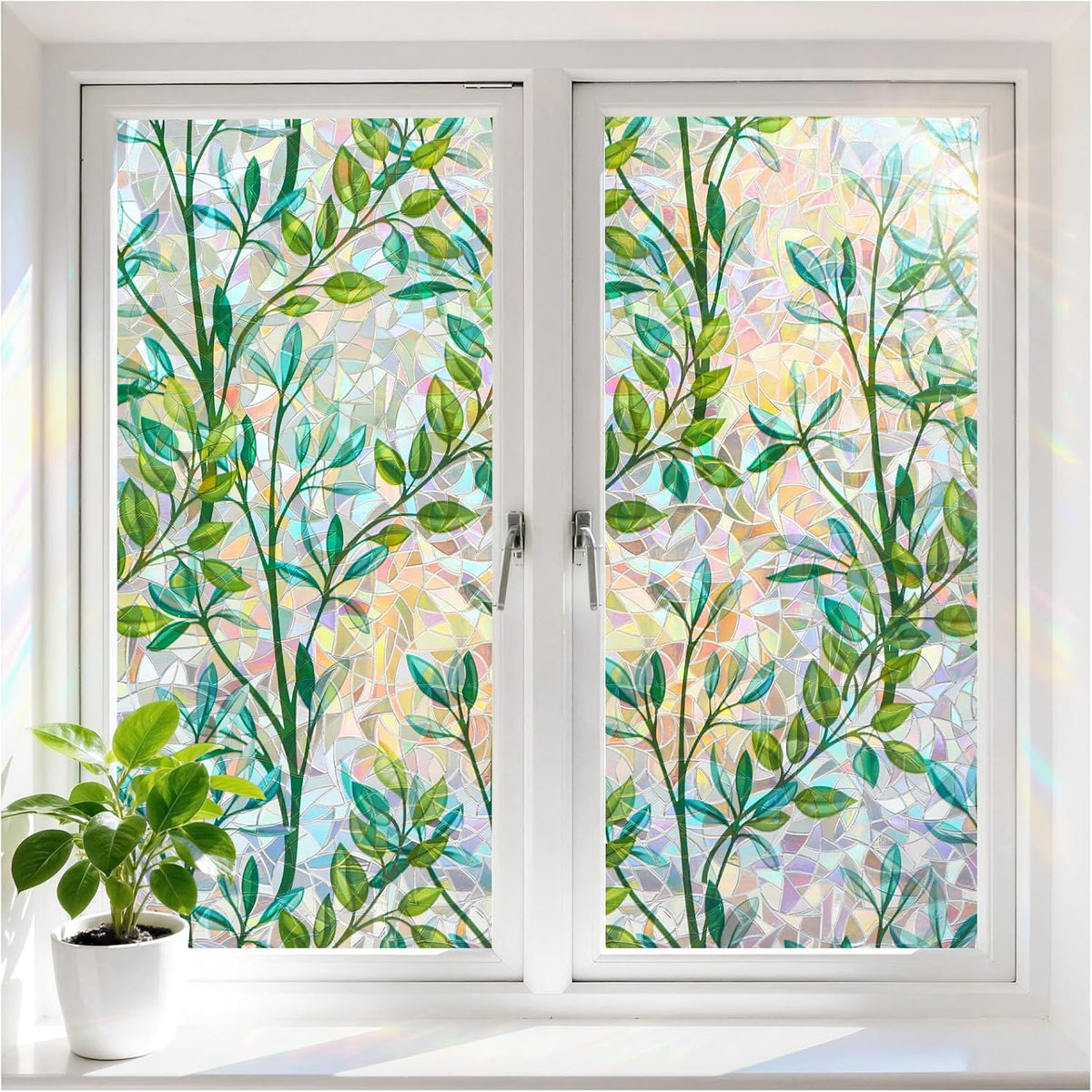 Rabbitgoo Stained Glass Window Privacy Film, Rainbow Leaf, 17.5" X 78.7"