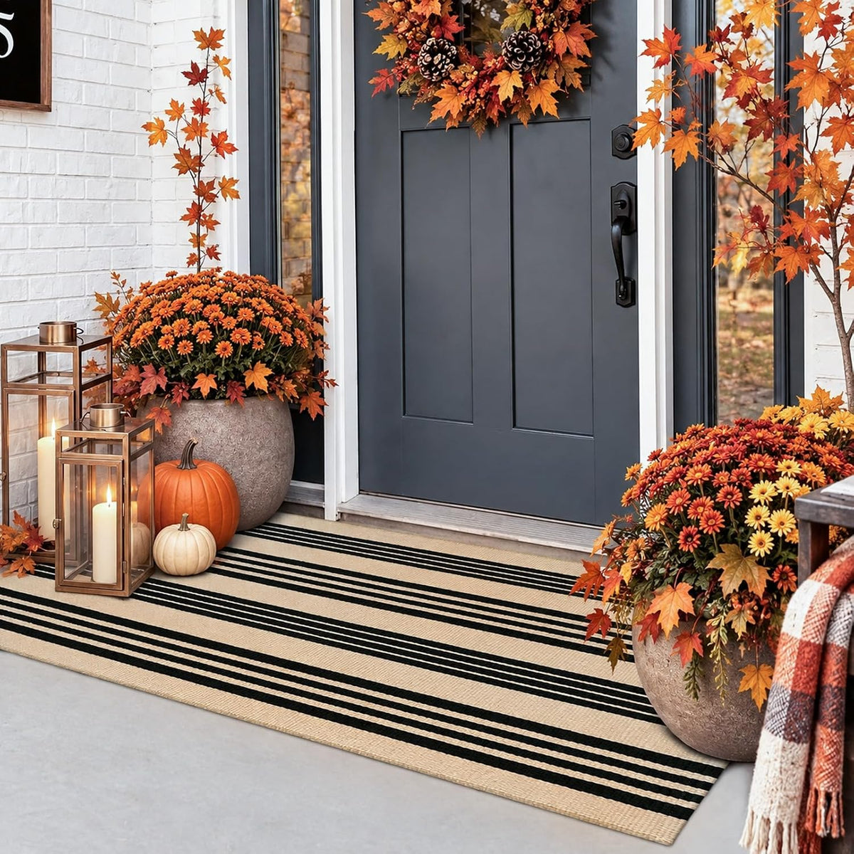 Striped Fall Door Mat 24"X51" Outdoor Rug Cotton Washable Fall Decor