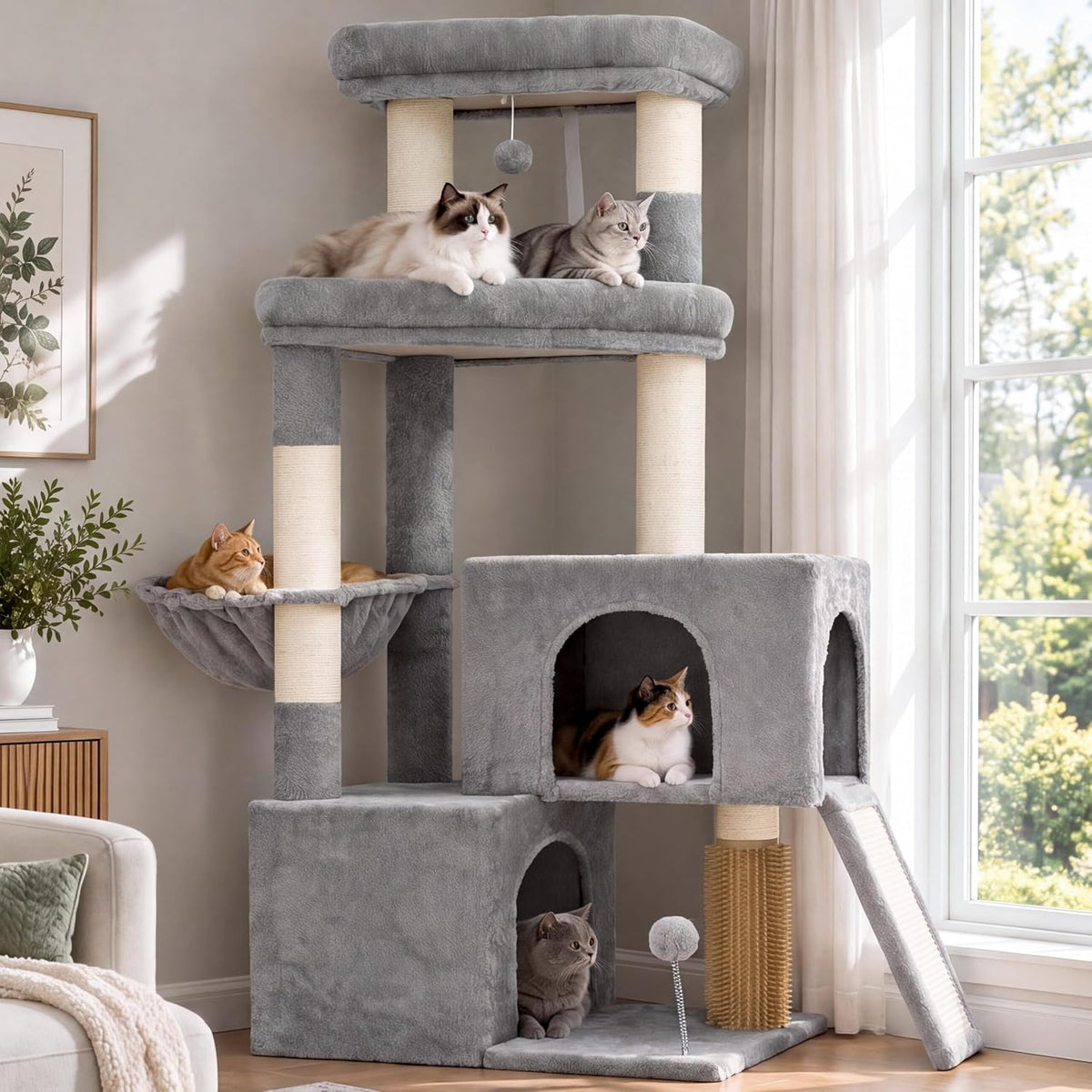 Heybly 55.7" Cat Tree with Stable Dual Cat Condos & Large Perch HCT052W