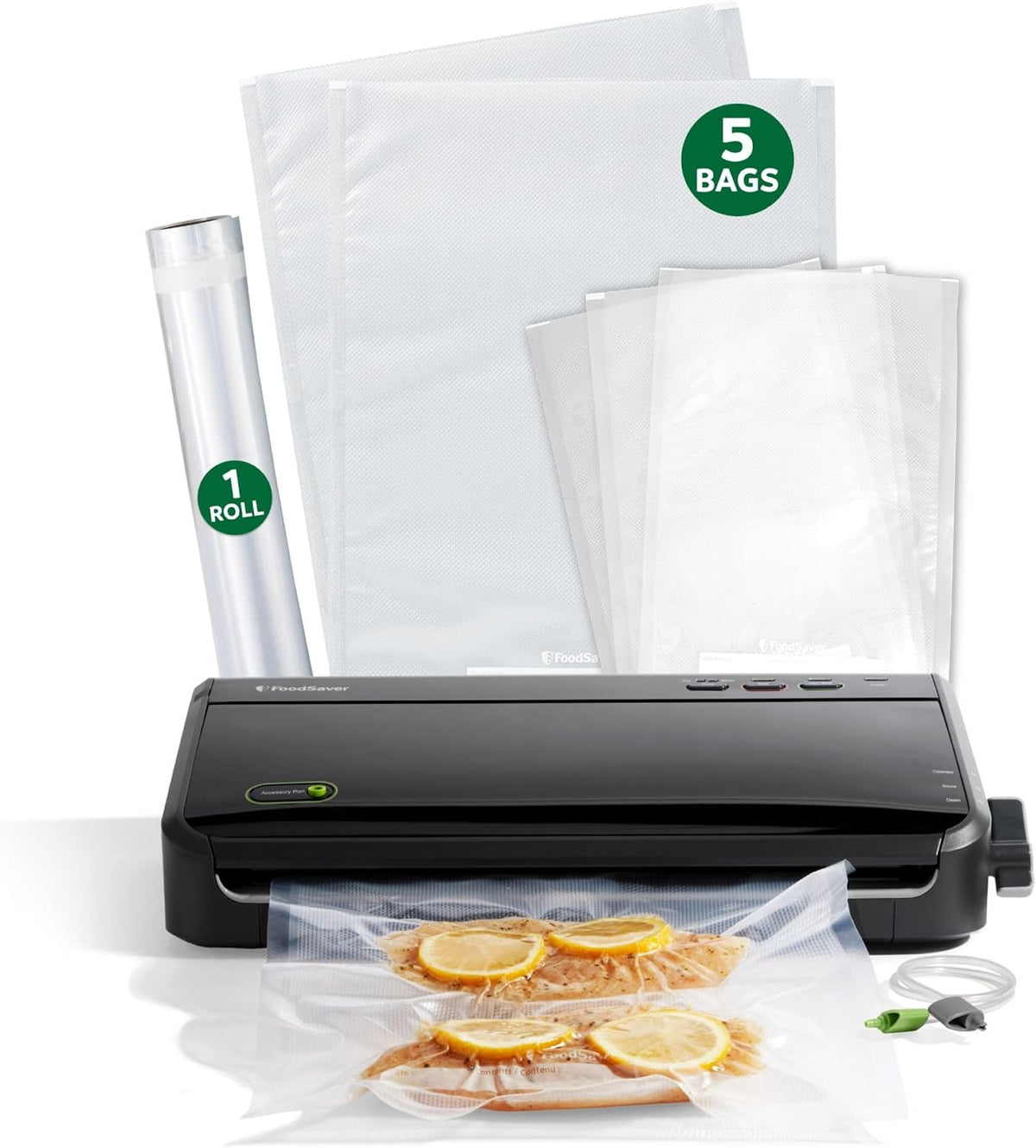 Foodsaver FM2100 Vacuum Sealer Machine, One-Touch Sealing, Roll Storage & Cutter, Dry & Moist Food, for Sous Vide Cooking, Accessory Port & Hose, Starter Bags & Roll Included