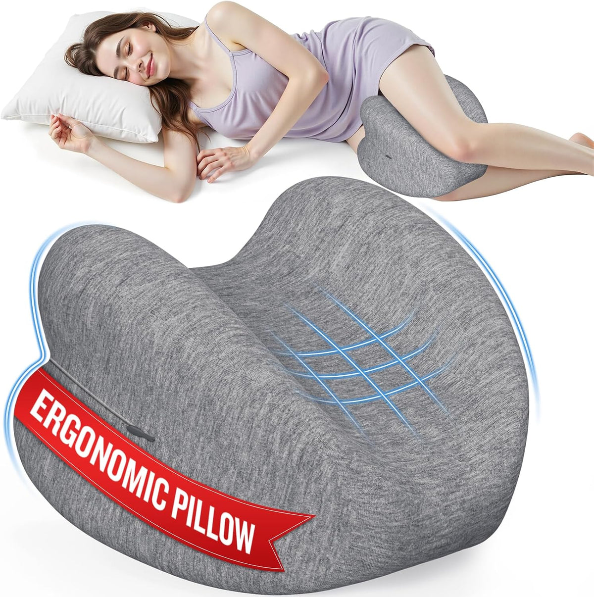 Knee Pillow for Side Sleepers, Memory Foam Leg Pillow, Grey