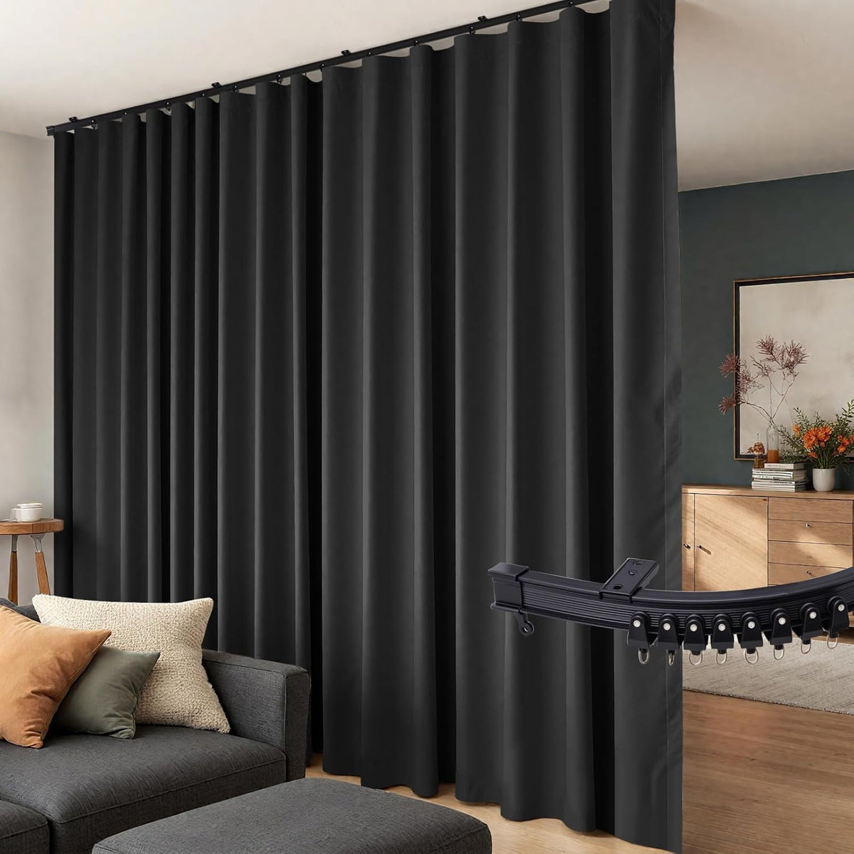 Room Divider Curtains Flexible Ceiling Tracks Set Curtain Track Ceiling Mount Blackout Curtain for Living Room Bedroom Ceiling Curtain Rod Privacy Dividers Panels W100 X H84 Black Drape & Black Rail