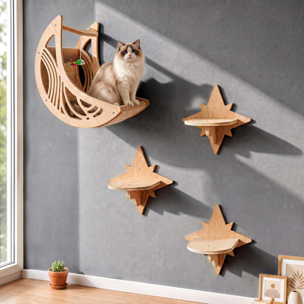 Moon & Star Cat Wall Shelves, Modern Cat Wall Furniture for Indoor Cats