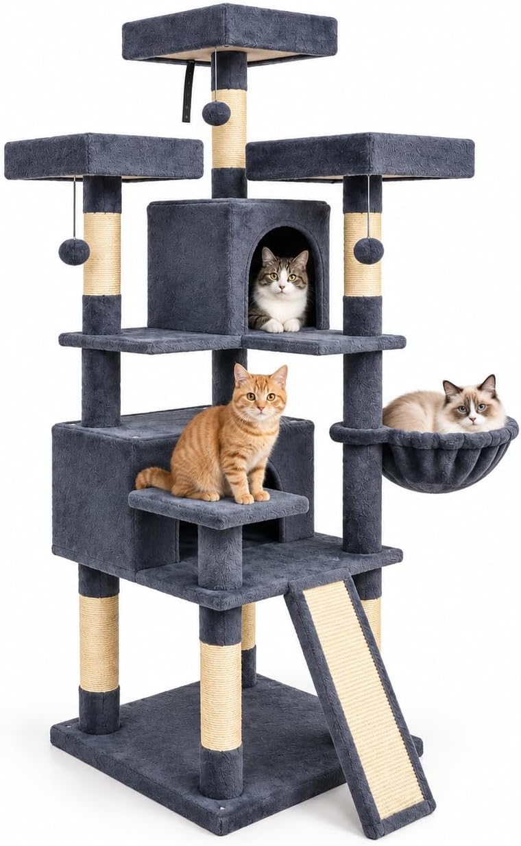 66" Tall Cat Tower, 7 Sisal Posts, 2 Condos, Dark Gray