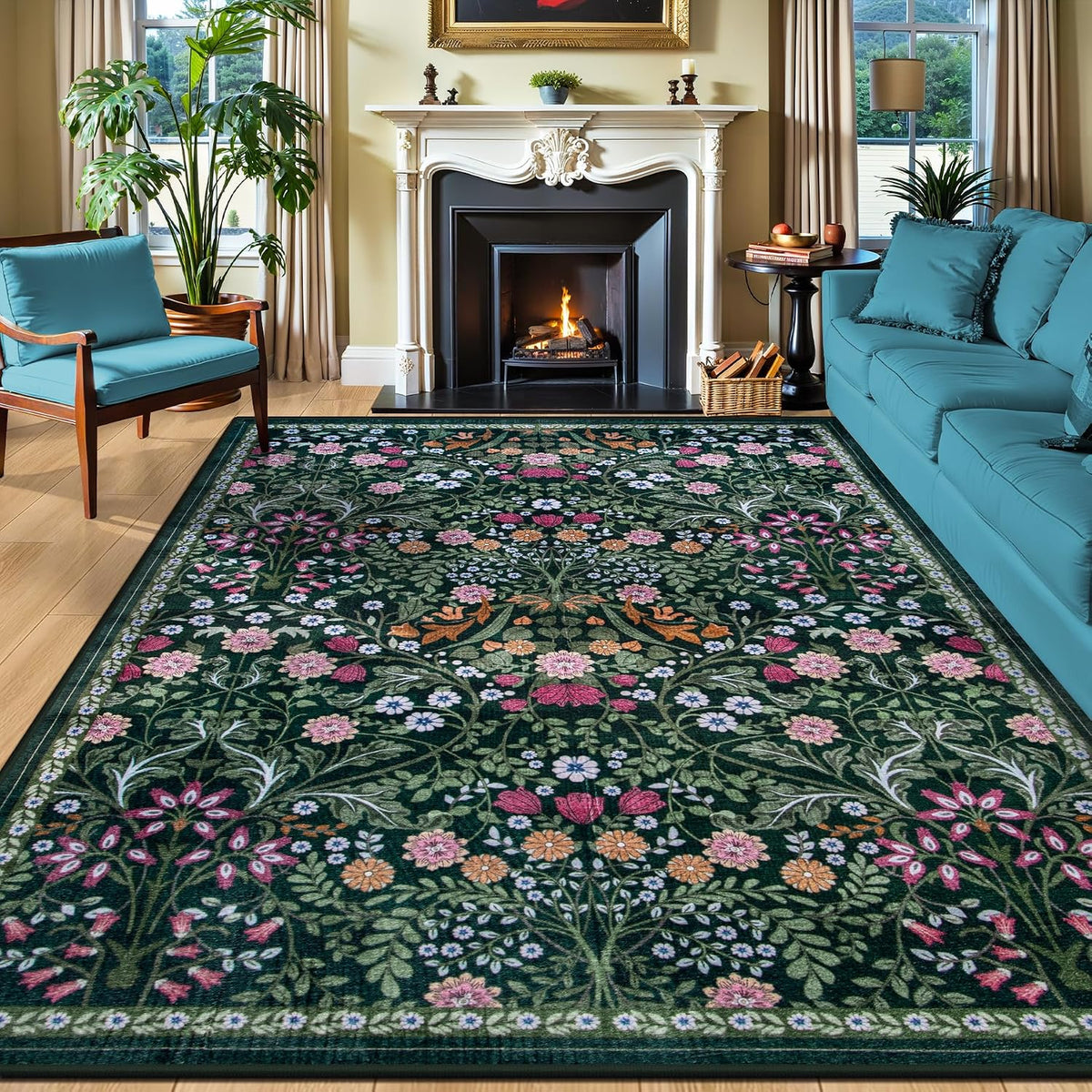 PLHXFR 8X10 Area Rug Living Room: Floral Washable Boho Carpet Dark Green