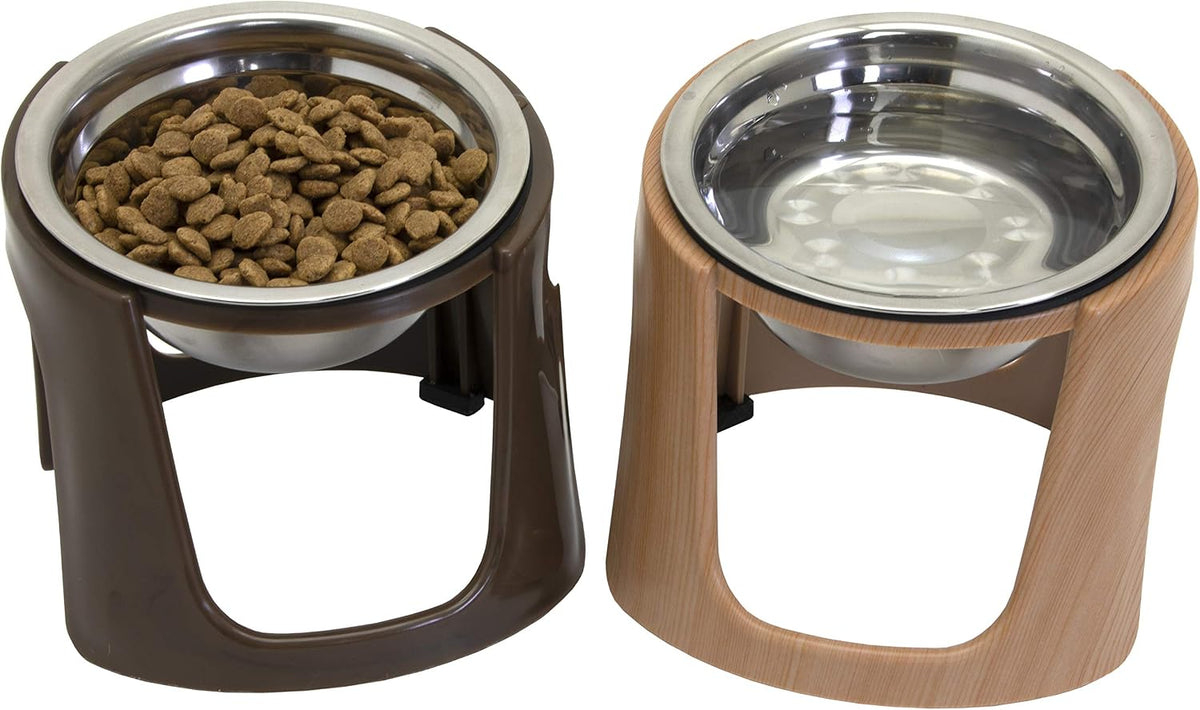 Sportpet Elevated Stainless Steel Dog Food & Water Bowls - Raised Pet Feeding Station, Small Dog & Cat Feeder, Dishwasher Safe, Nonslip - Brown, 8 Oz Each