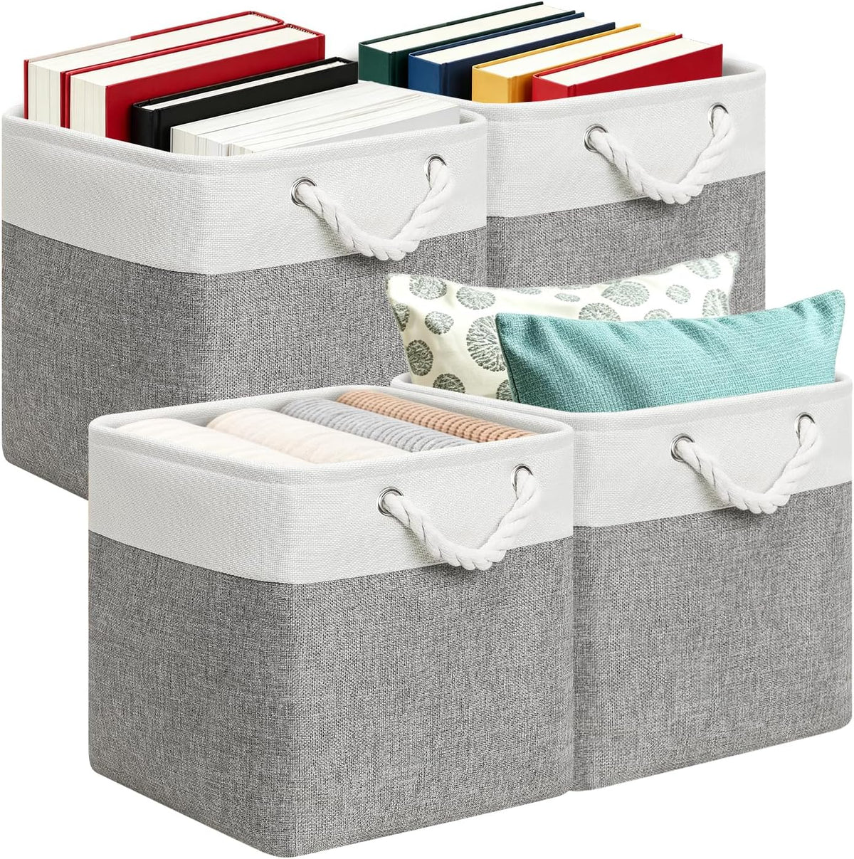 13X13 Storage Cube Bins 4Pack,Collapsible Cube Storage Organizer for Closet, Fabric Storage Box W/ Rope Handles, Foldable Storage Baskets for Shelves, Clothes,Closet Organization - White/Gray