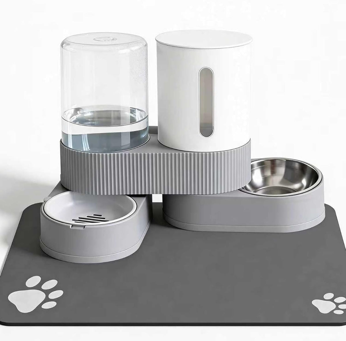 Gravity Cat Feeder 2 Pack Automatic Food Feeder and Water Dispenser Set Detachable Pet Bowl with Silicone Mat for Cats Small Medium Dogs, Large Capacity(Grey)