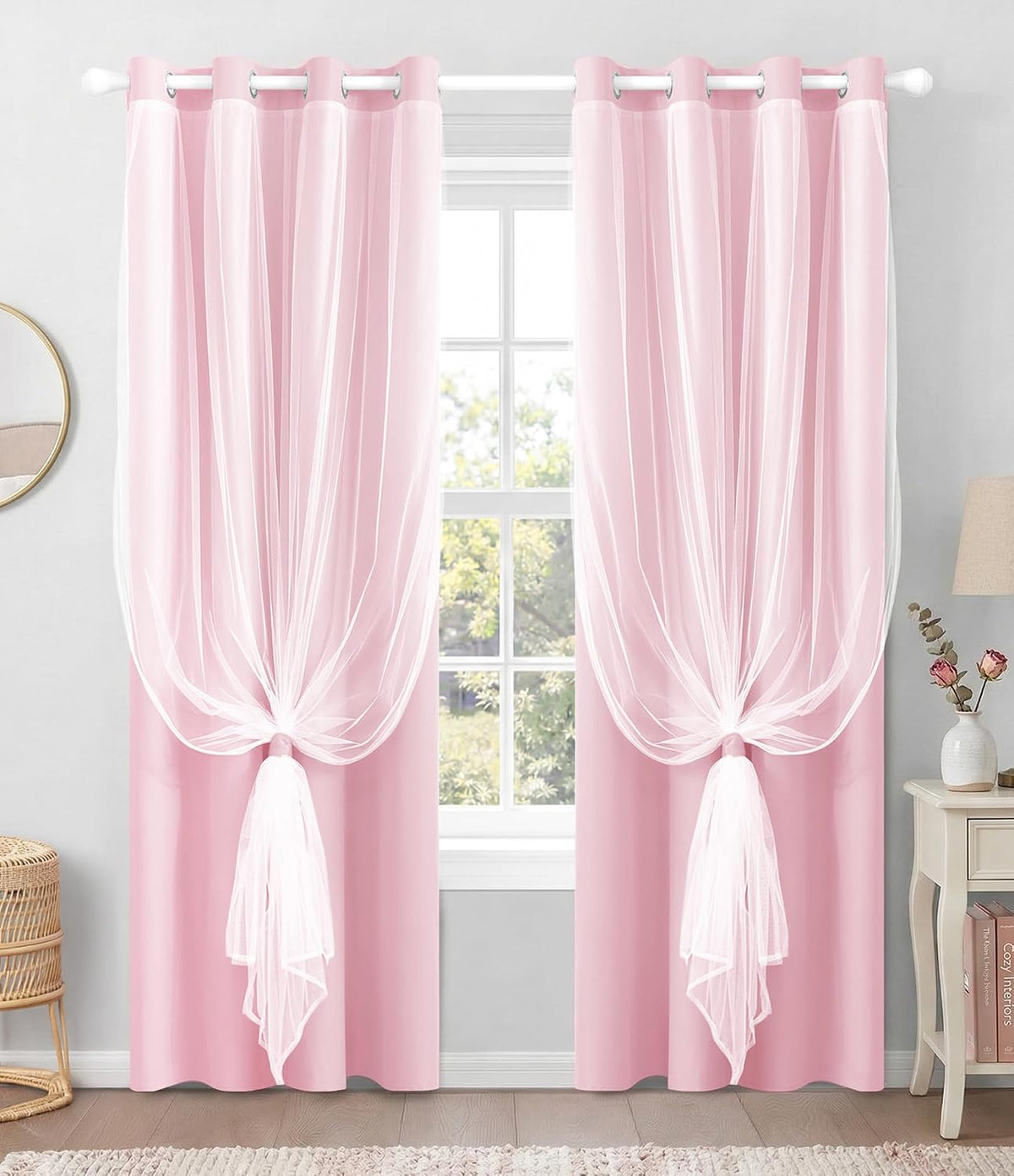 100% Blackout Curtains with Sheer Overlay, Pink, 52 X 84 Inch, 2 Panels