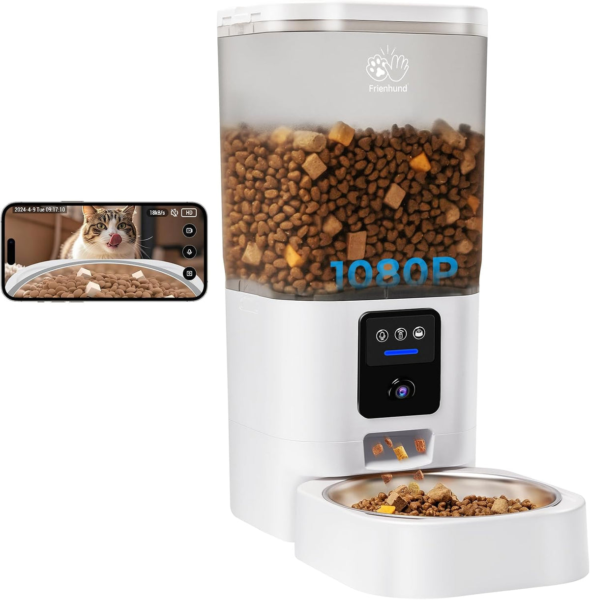 Frienhund Automatic Cat Feeder with Camera: 5G Wifi Automatic Dog Feeder with Night Vision, 7L Auto Cat Food Dispenser with 1080P Camera for Multiple Pet, Detachable for Easy Clean -29 Cup (ACF100W-B)