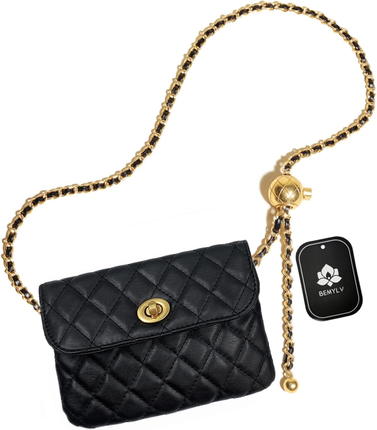 BEMYLV Leather Chain Belt Bag for Women Black Waist Purse Fanny Pack