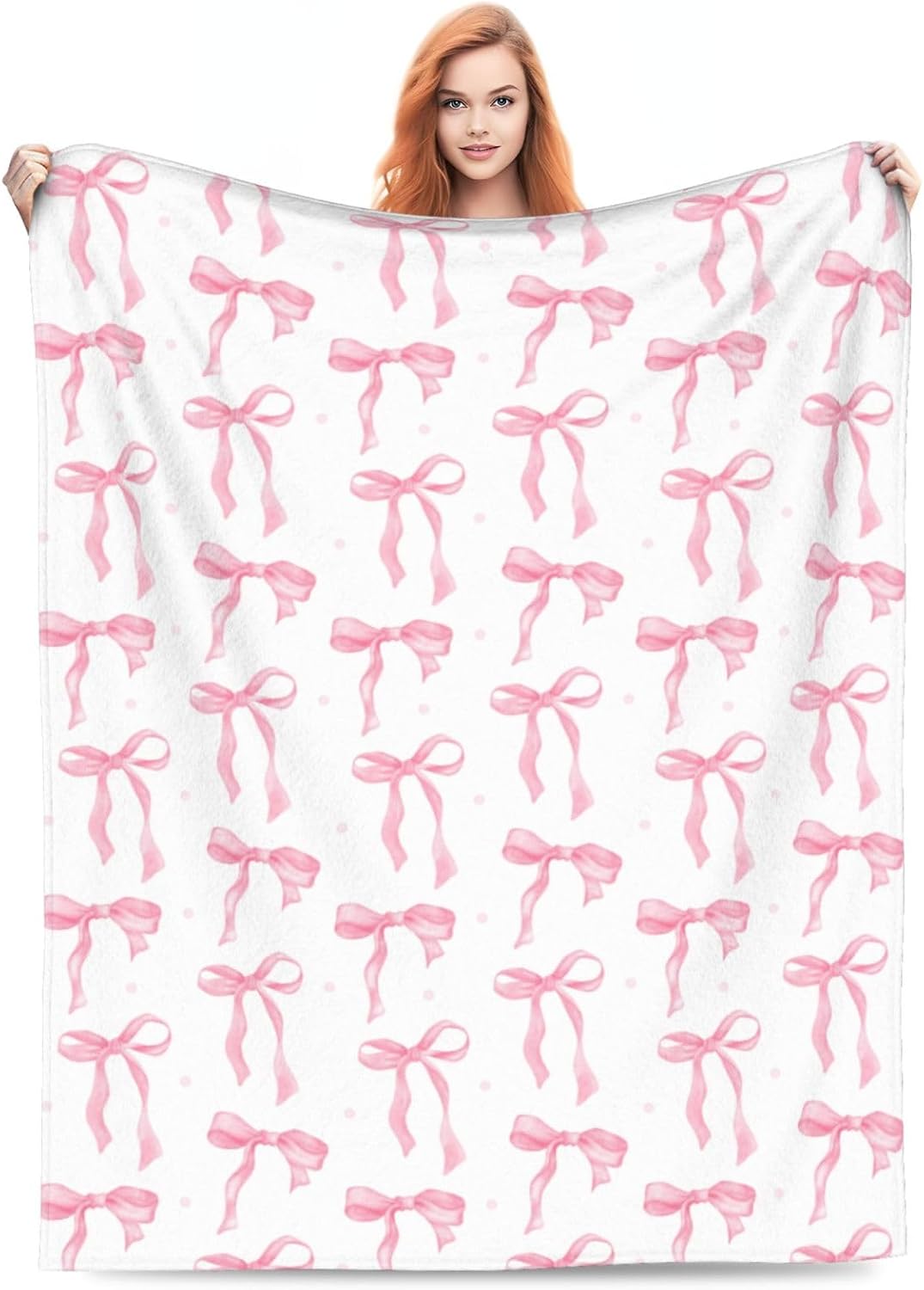 Printed Pink Bow White Throw Blanket Ultra Soft Cozy Flannel Fleece Blanket Plush Warm Lightweight Bedding for Couch Sofa Chair Bed Living Room Bedroom Decor All Seasons Kids Adults,40"X30"