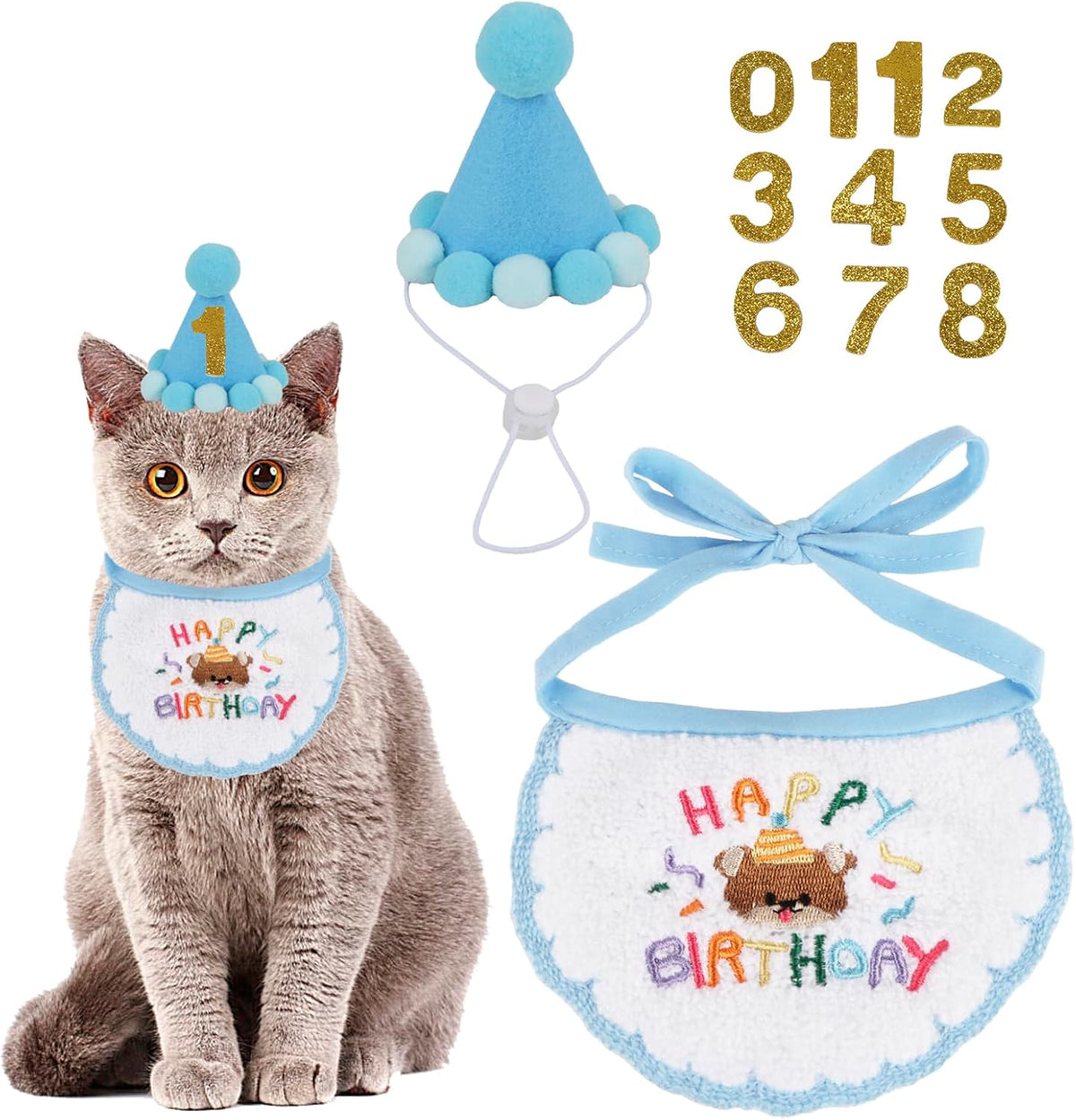 PTDECOR Cat Birthday Party Supplies, Blue Cat Birthday Hat with Numbers