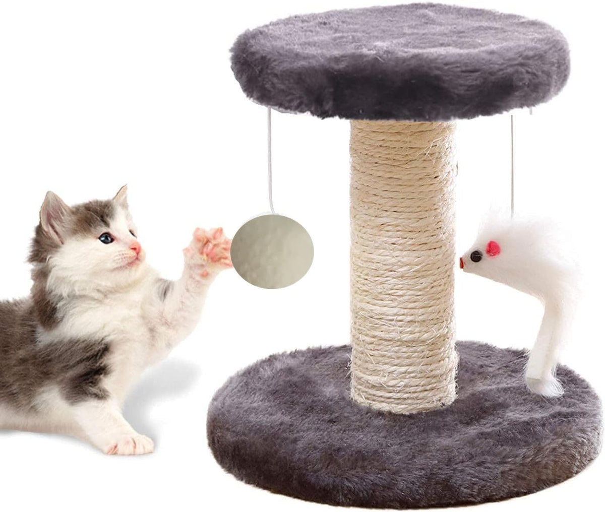 Small Cat Scratching Post and Small Cat Tree Natural Sisal Tower with round Perch and Plush Ball Furniture Made for Small Cat, Kitten Relax Tree