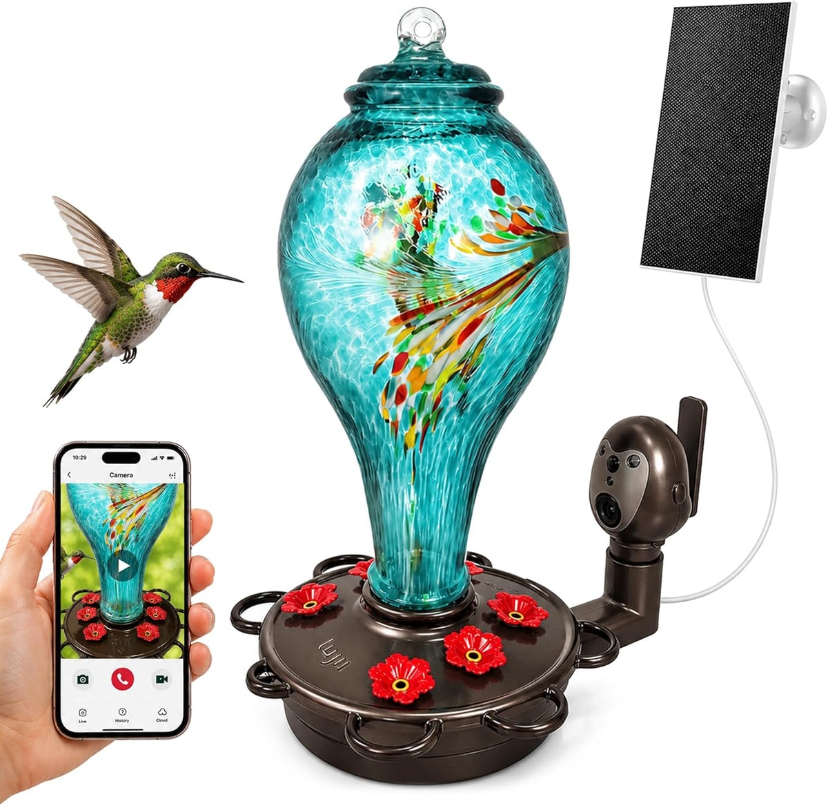 Smart Hummingbird Feeder with Camera for Outdoors, Hand Blown Glass, Solar Wifi Bird Feeder with 2K HD Live View, Smart Nectar & Water Detection, PIR Motion Alerts, Gift for Dad, Mom or Bird Lovers