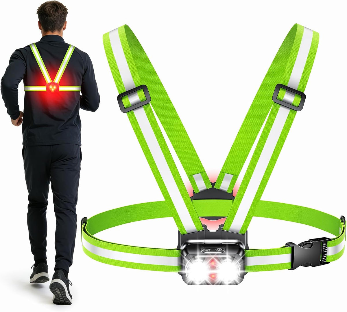 Viccux 800LM Ultra Bright & 7+2 Modes Running Lights for Runners with Rear Light, 45° Beam & 360° Reflective Vest, IPX4 Waterproof Reflective Running Vest for Night Walking/Jogging, 4-25Hrs Runtime