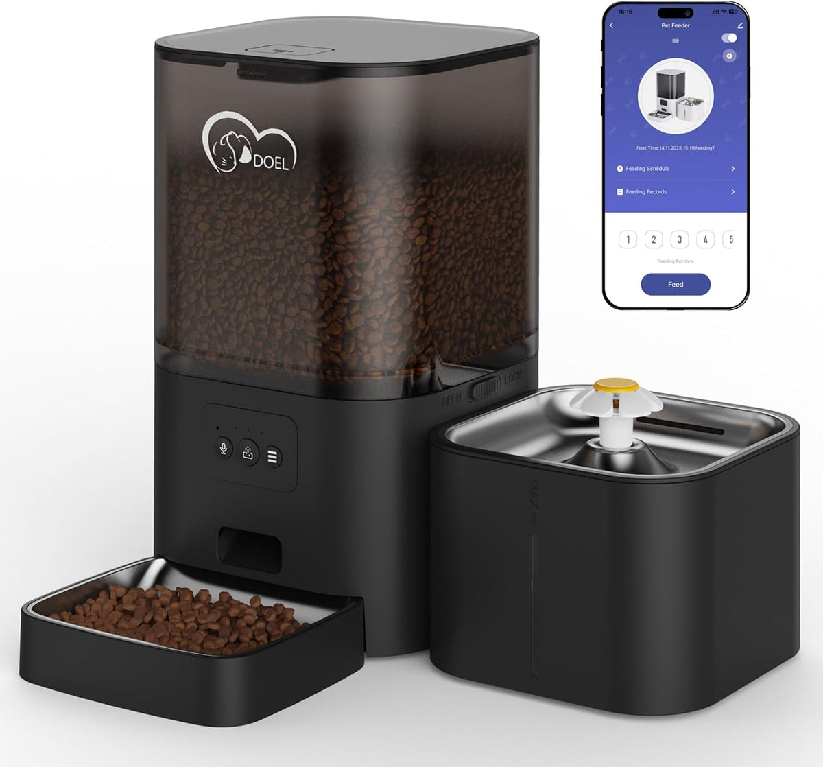DOEL 5G/2.4Ghz Wifi Automatic Cat Feeder and Water Fountain, 6L/24 Cups Timed Dry Food Dispenser for 2.5 Weeks, with APP Remote Control, Voice, for Small Medium Dog Puppy Kitten