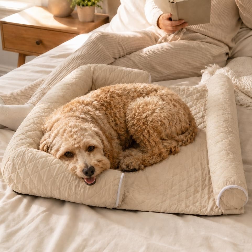 Co-Sleeping Dog Bed for Human Bed, 39 X 33.5 Inch On-Bed Pet Bed for Small and Medium Dogs, Adjustable Removable Side Bolster, Curved Headrest, Washable Cover, Non-Slip Bottom, Cream White