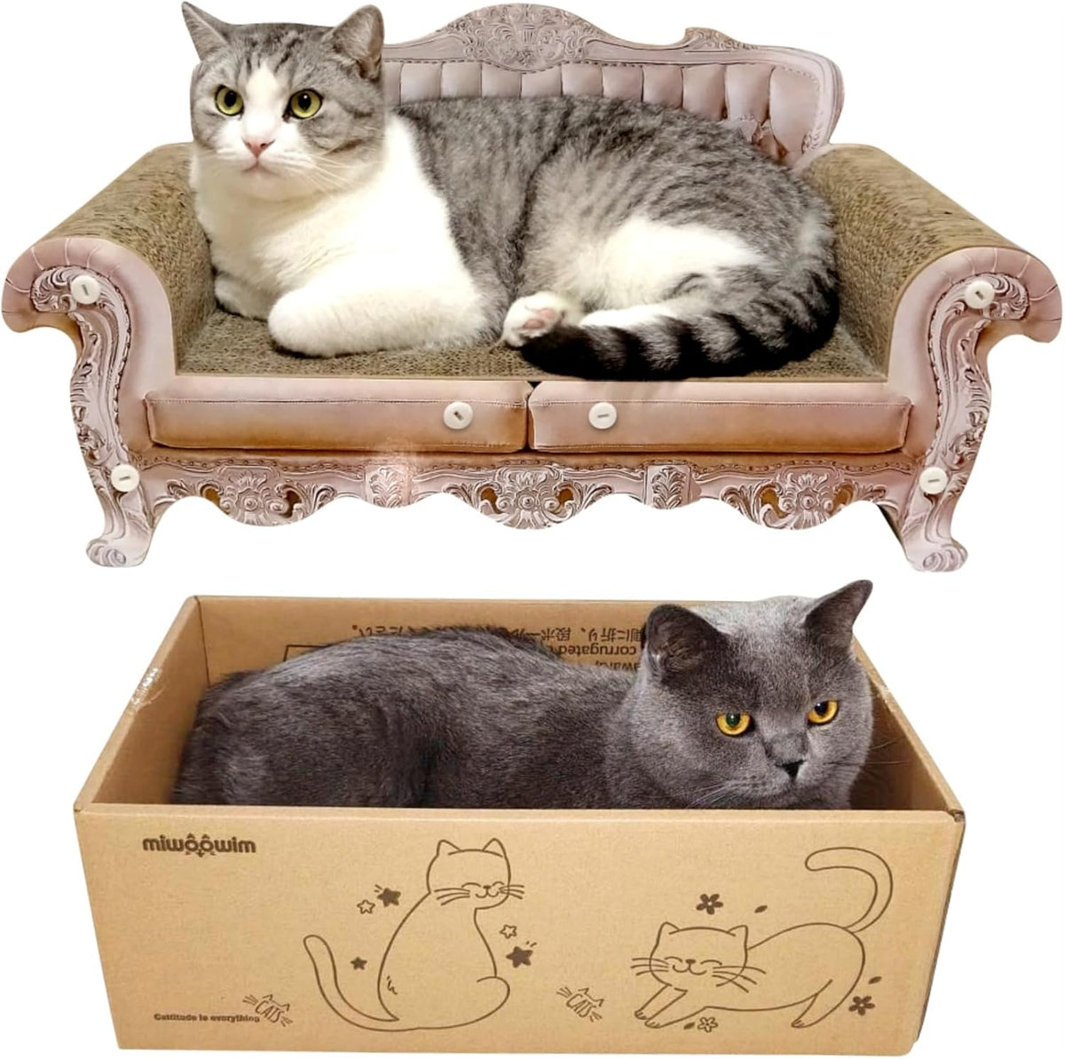 Miwoowim Royal Cat Scratcher Sofa & Box, Durable Cardboard Furniture Guard