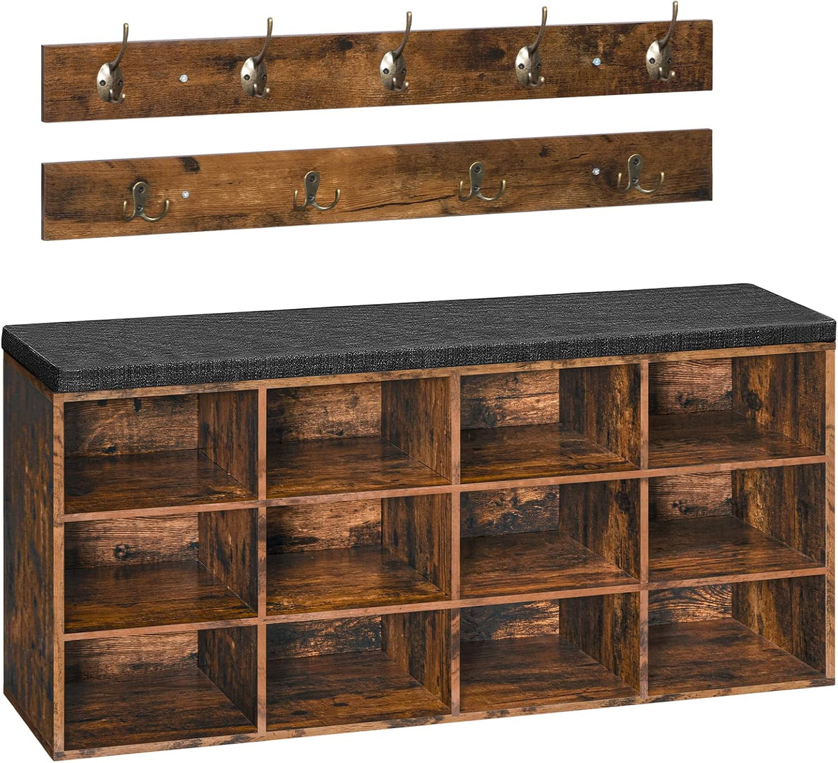 HOOBRO Shoe Storage Bench with Cushion, 39.4" L Entryway Bench with 12 Cubbies, Entryway Hall Tree with Storage, Shoe Cabinet with Coat Rack for Bedroom, Hallway, Holds up to 330 Lb, BF112HX01G1