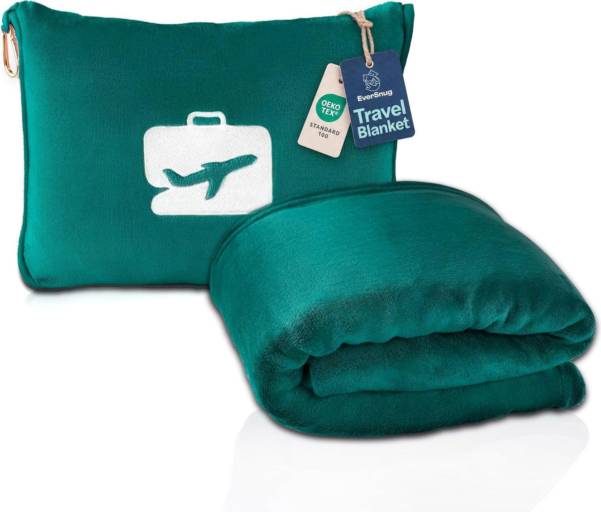 Eversnug Travel Blanket and Pillow - Ultra-Soft, Compact & Lightweight, 65X40 Inches, with Carry Case, Luggage Sleeve & Backpack Clip for Airplane Comfort (Teal)