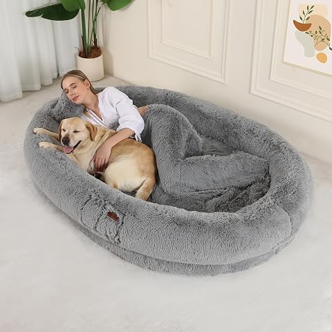 Fvkind Human Dog Bed 73"X56"X12", Full Blanket & Pillow Kit - Light Gray