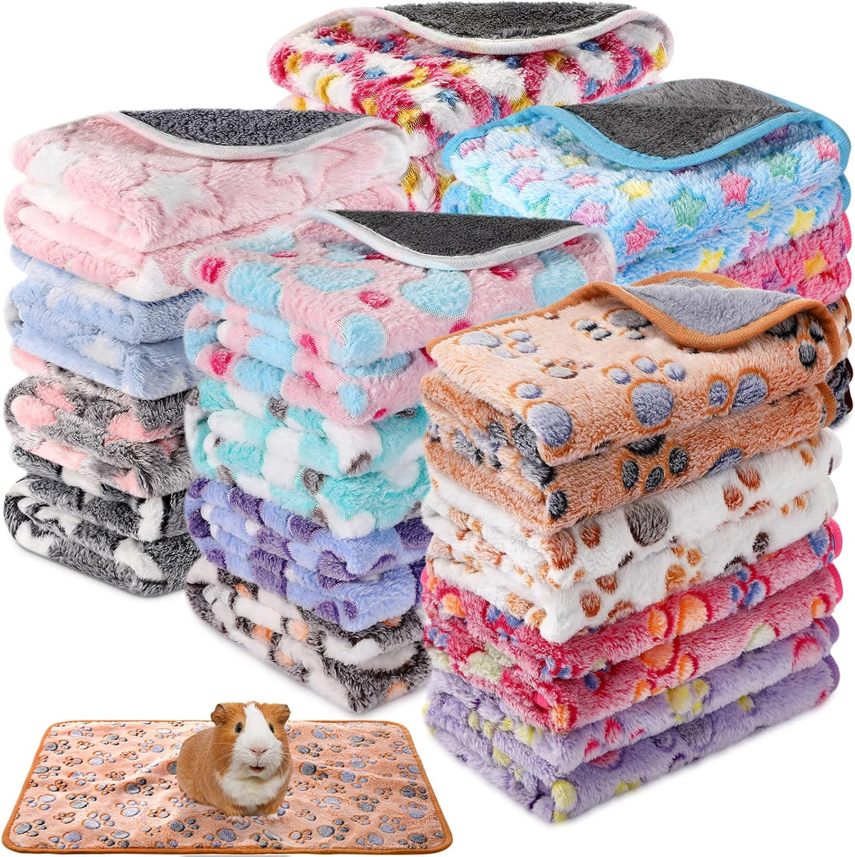 Newwiee 20 Pcs Waterproof Small Pet Fleece Blanket Bulk Washable Small Animal Cage Bedding Guinea Pig Puppy Dog Cat Pee Pad Liner Accessories(Assorted,18 X 13 Inch)