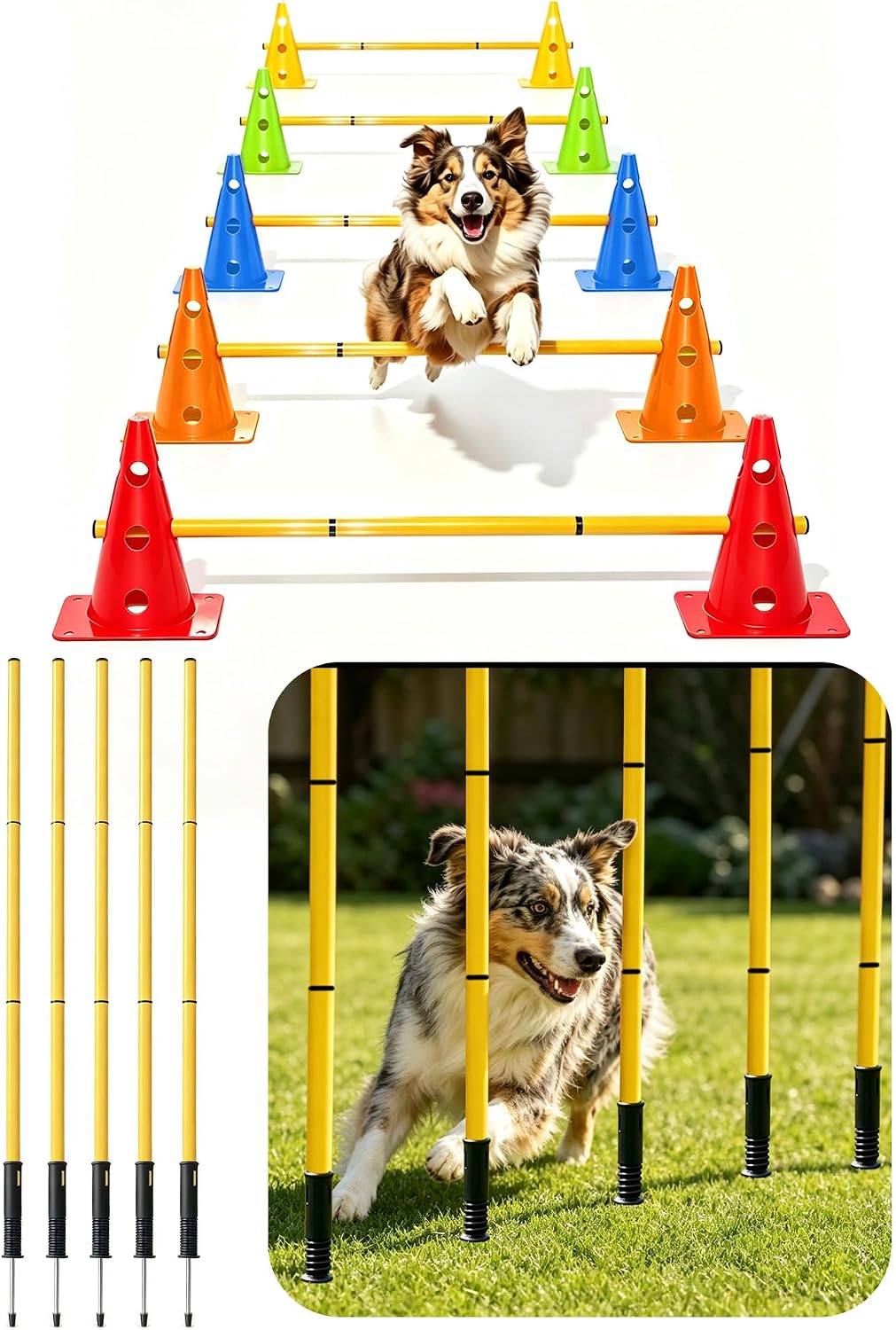 Dog Agility Training Hurdle Cone Set, Adjustable Dog Agility Equipment Obstacle Course Backyard Equipment for Pet Exercise