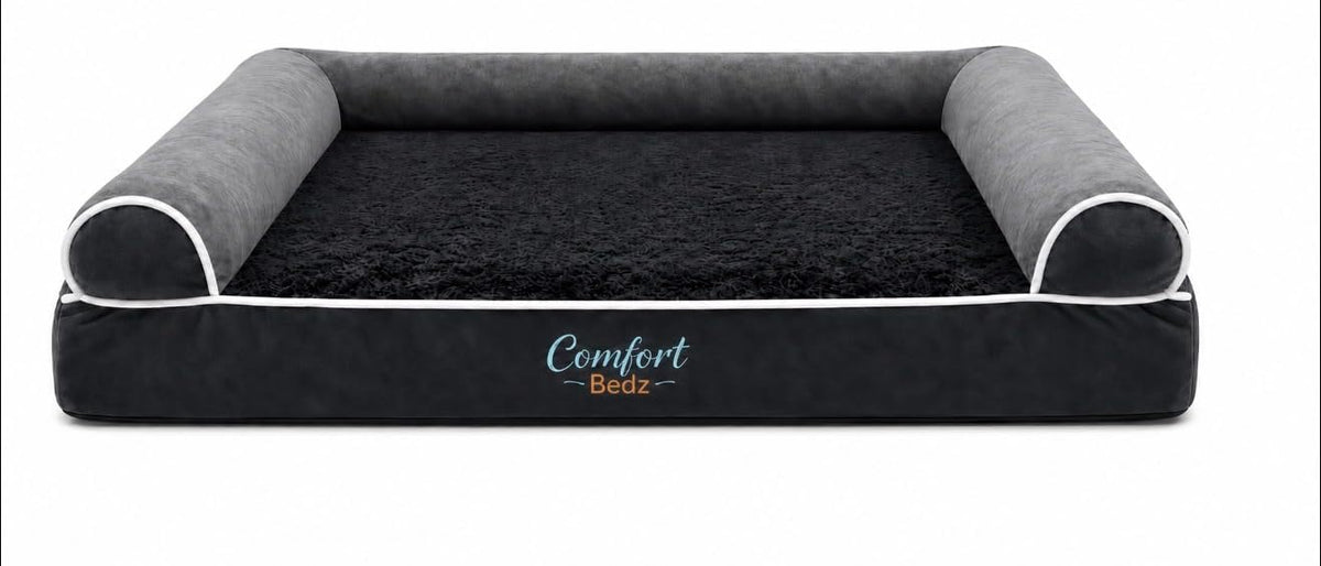 Orthopedic Dog Bed, Plush Velvet and Rabbit Fur, Raised Bolster Sides, Washable Cushion, Non-Slip Bottom, Dark Gray