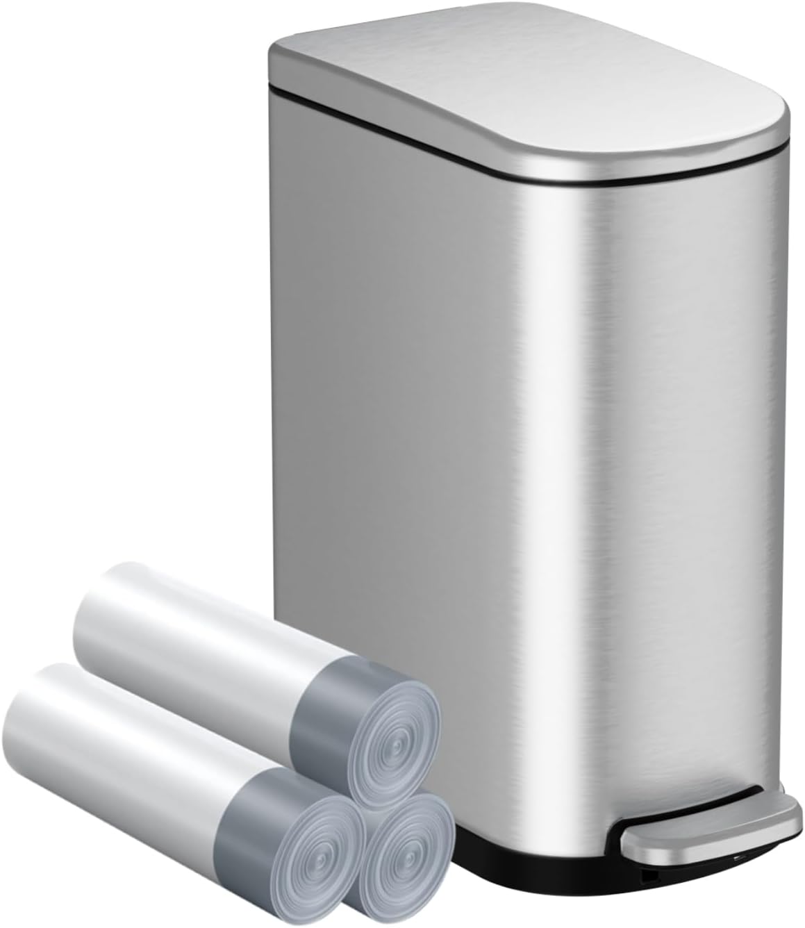 KSSKSS 2.6 Gallon Slim Bathroom Trash Can with Soft Close Lid, 10L Stainless Steel Garbage Can with Removable Liner Bucket, for Narrow Spaces,Bathroom, Bedroom (Silver)