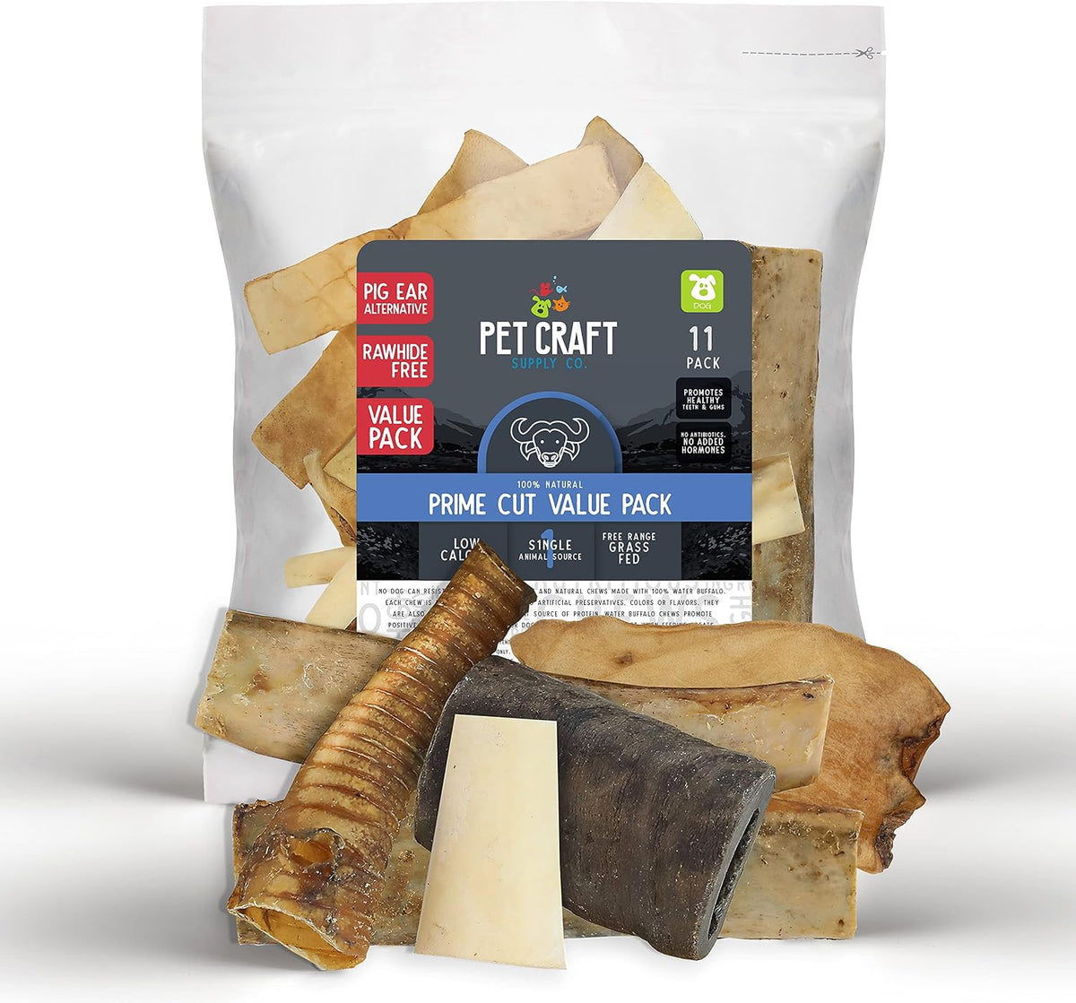 Pet Craft Supply Water Buffalo Dog Chew Variety 11 Pack, Black, Grass Fed
