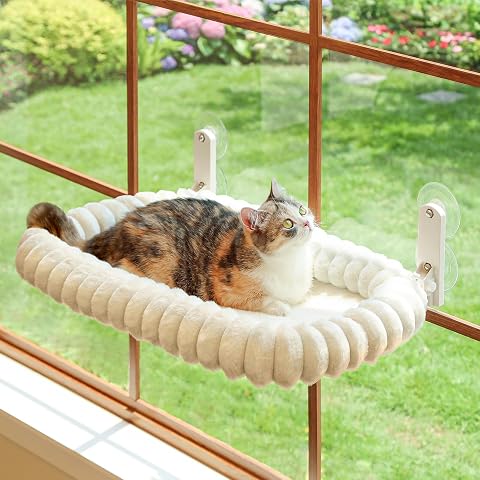 Cat Window Perch Hammock - Glow in the Dark Cordless Foldable Pet Bed with Sturdy Metal Frame & Strong Suction Cups, Star Print Resting Seat for Indoor Cats with Removable Washable Cover