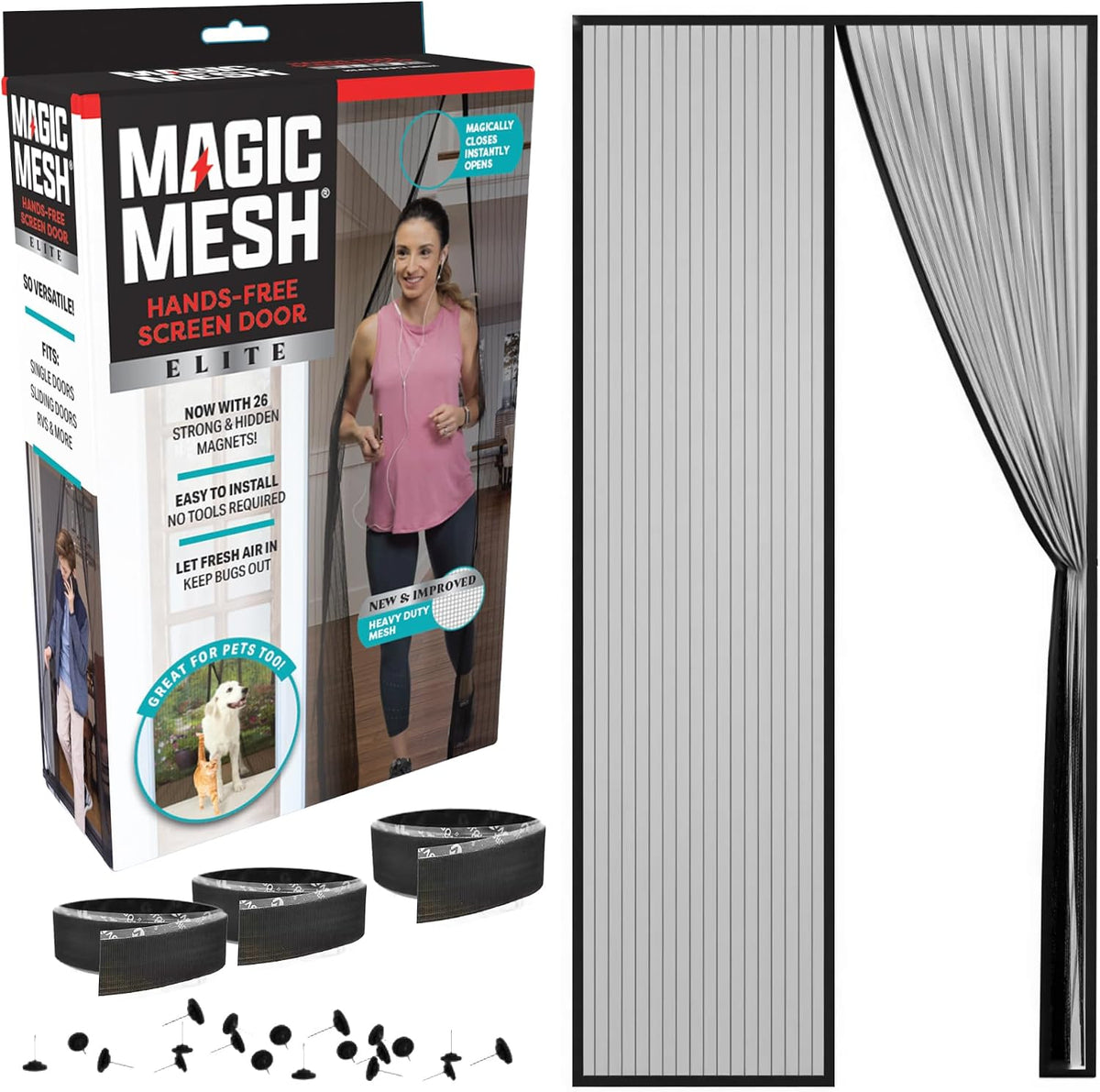 Magic Mesh Elite- More Durable Magnetic Screen Door, Reinforced Seam Mesh Curtain Keeps Bugs Out, One Panel Hook & Loop Frame, Strong & Hidden Magnets- Fits Single Doors up to 39 X 83 Inches